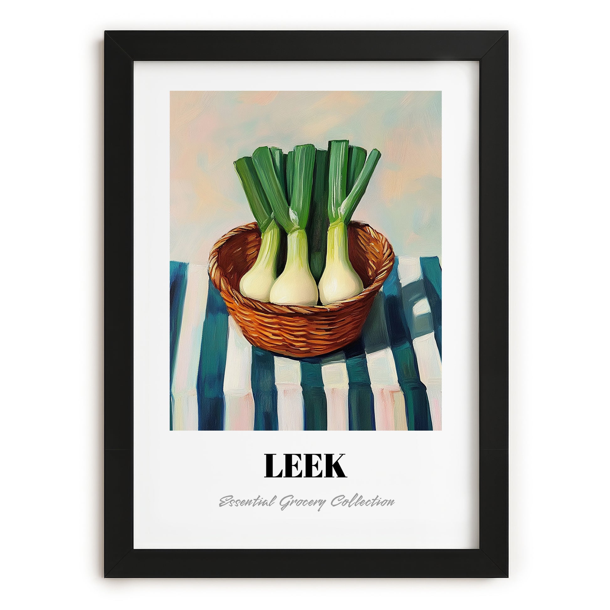 Leek – on Striped Tablecloth, Vegetable Illustration, in sleek black frame