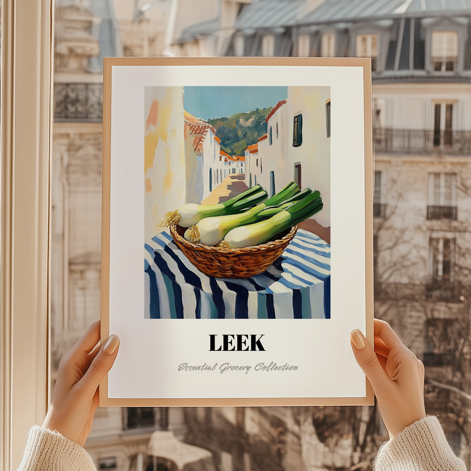 Leek – White village Café on the Corner, Vegetable Print, styled in a charming Paris street view