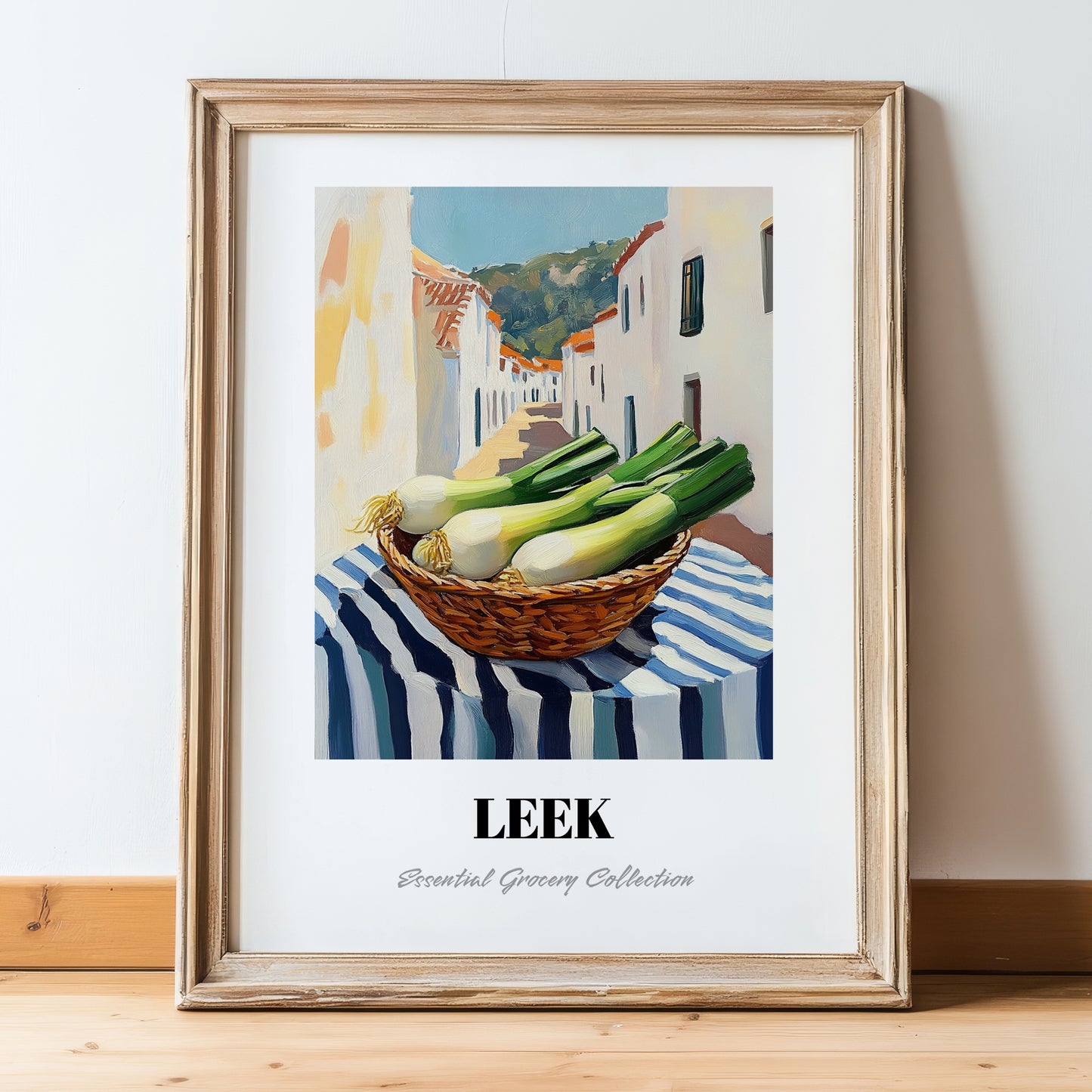 Leek – White village Café on the Corner, Vegetable Print, in wooden frame leaning on the floor