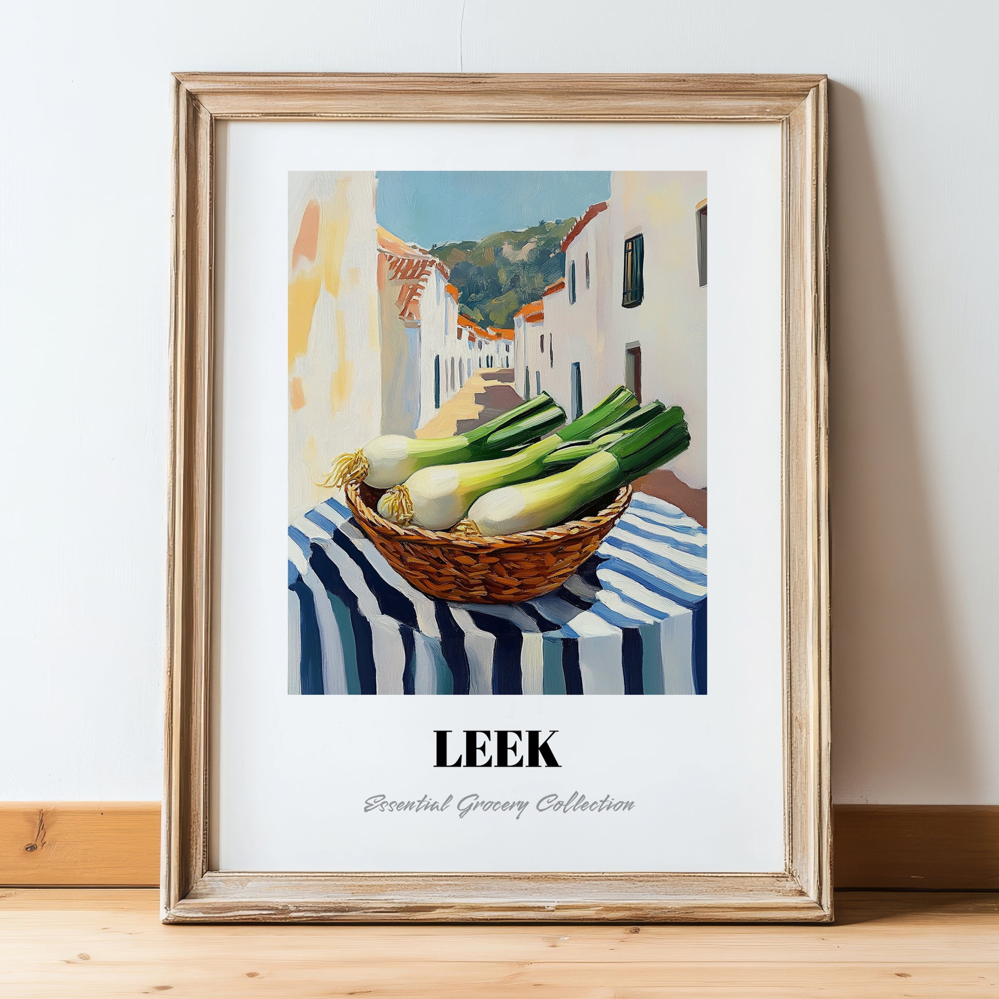 Leek – White village Café on the Corner, Vegetable Print, in wooden frame leaning on the floor