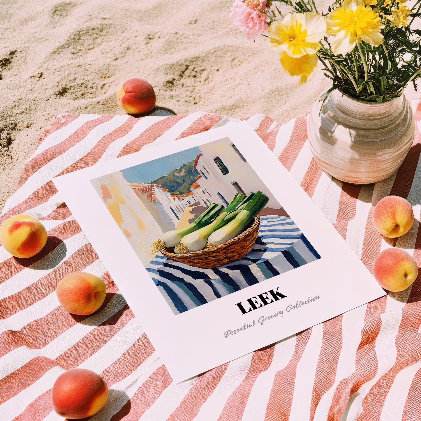 Leek – White village Café on the Corner, Vegetable Print, unframed on coastal sand
