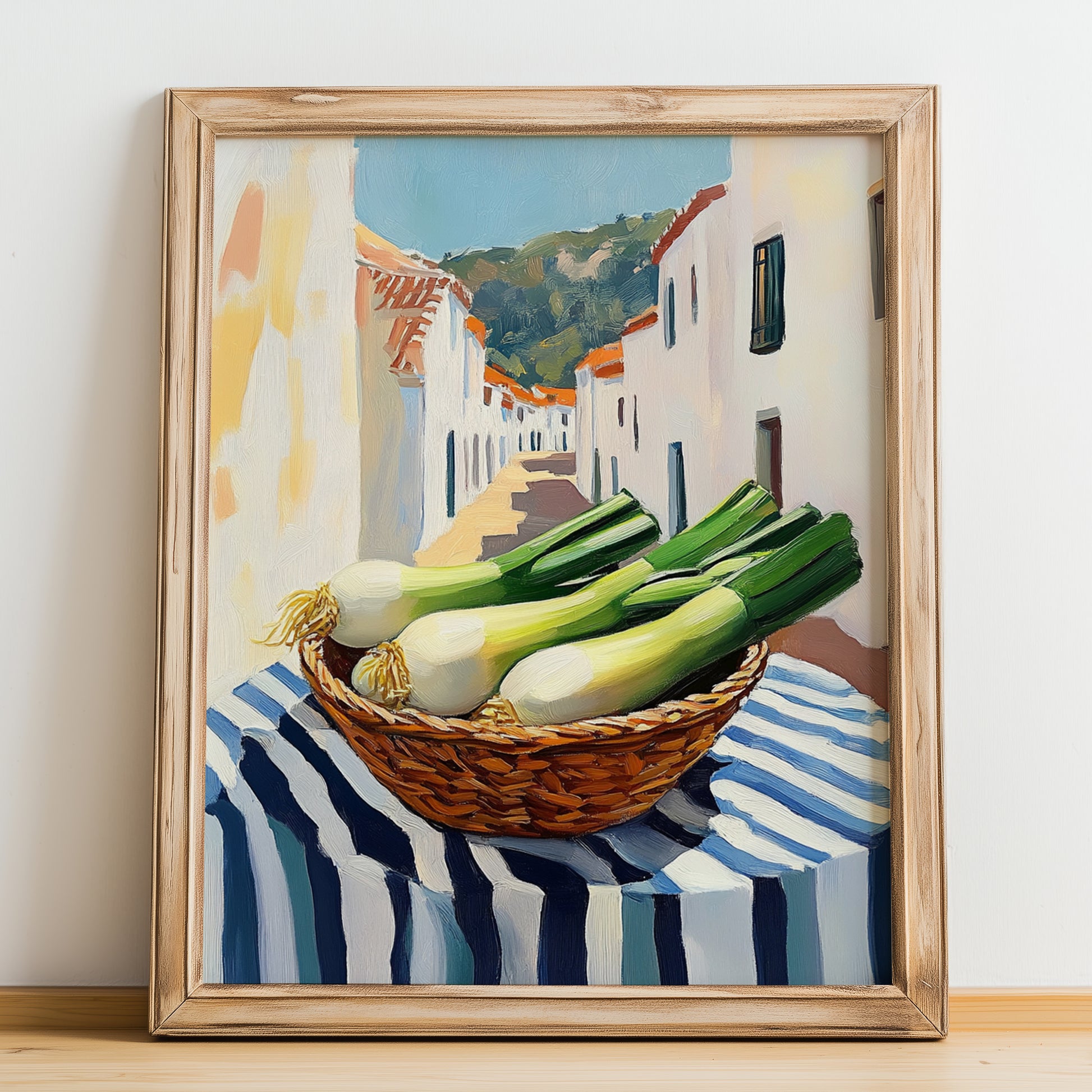 Leek – White village Café on the Corner, Vegetable Print, no-text version framed in wood