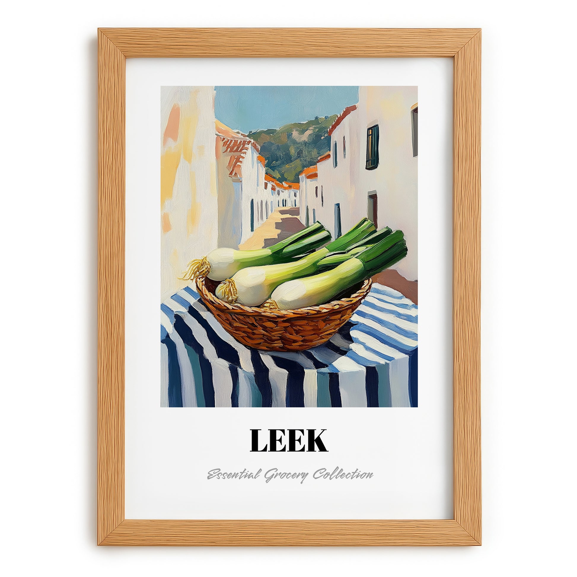 Leek – White village Café on the Corner, Vegetable Print, set in oak frame