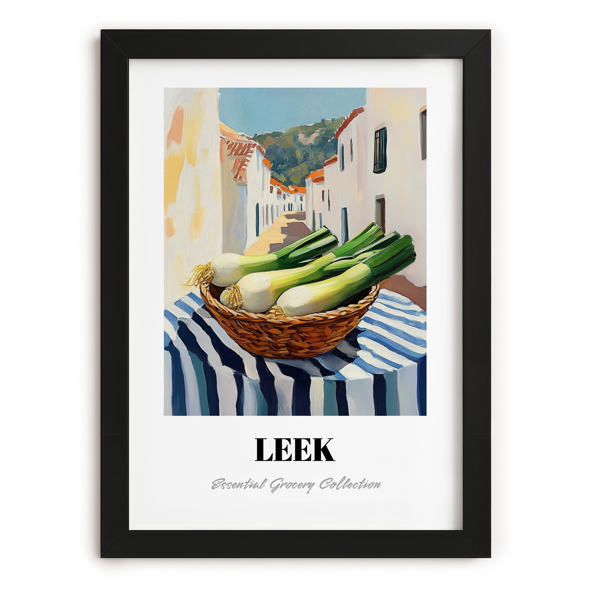 Leek – White village Café on the Corner, Vegetable Print, in sleek black frame