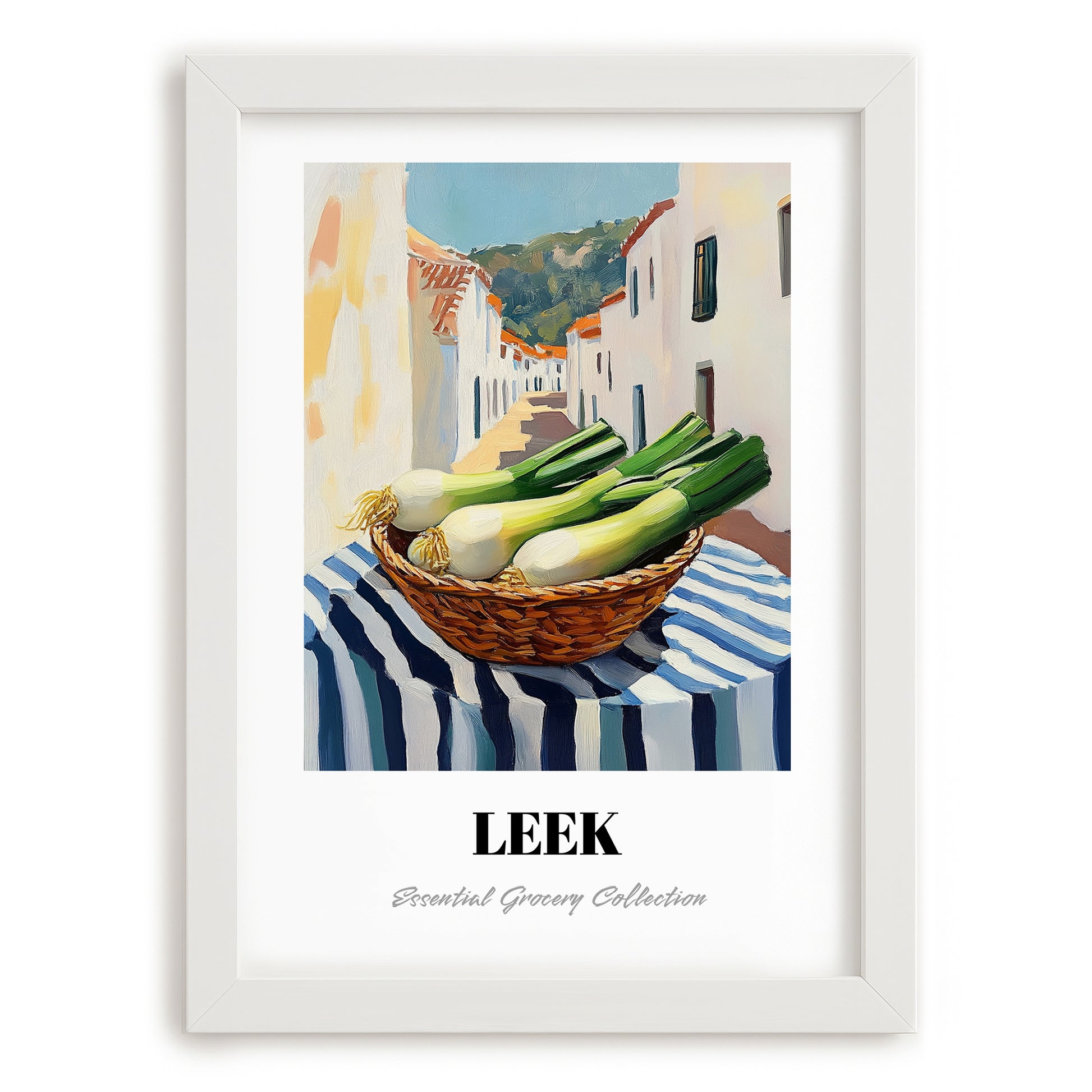 Leek – White village Café on the Corner, Vegetable Print, placed in minimal white frame