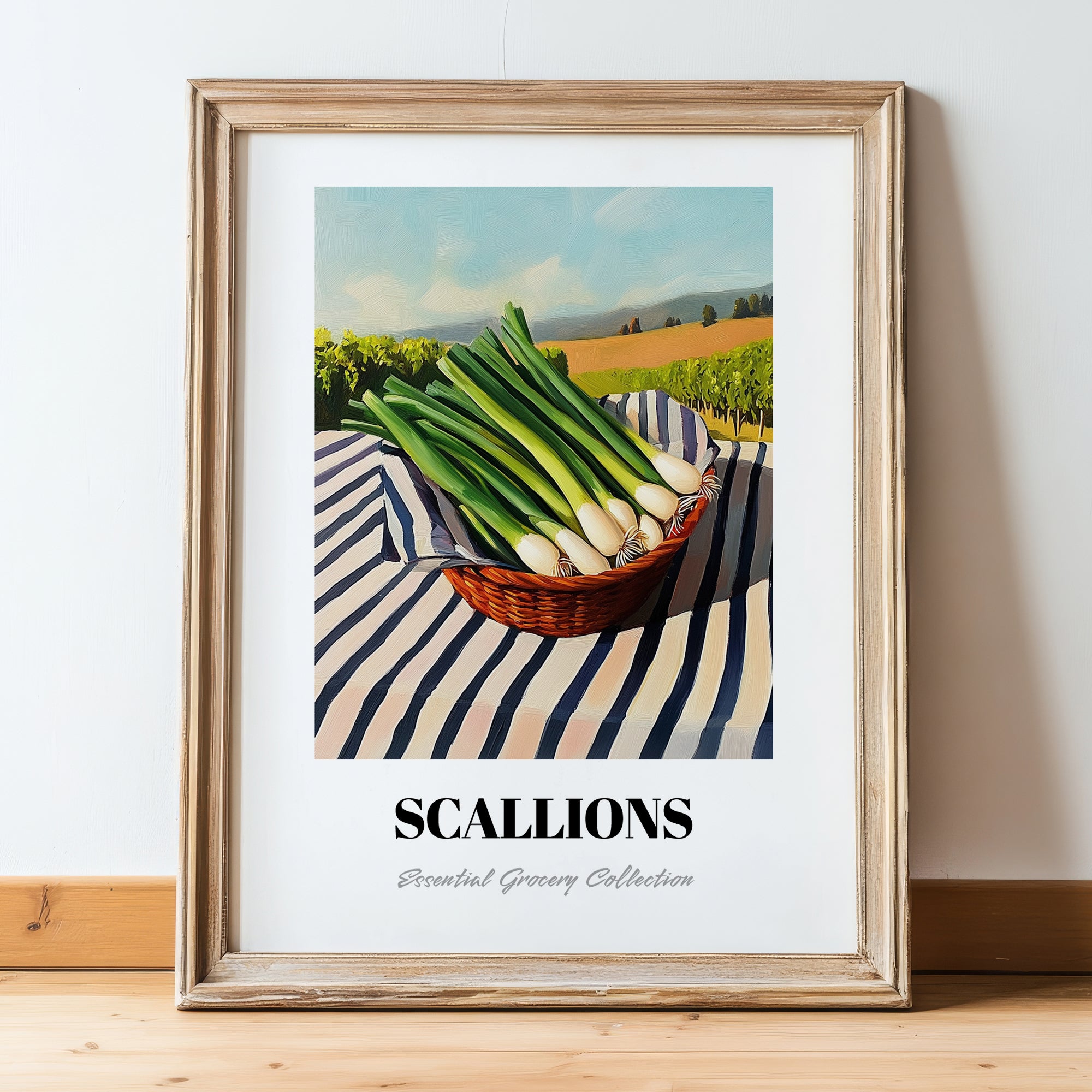 Scallions – Valley Café Scene, Vegetable Still Life, in wooden frame leaning on the floor