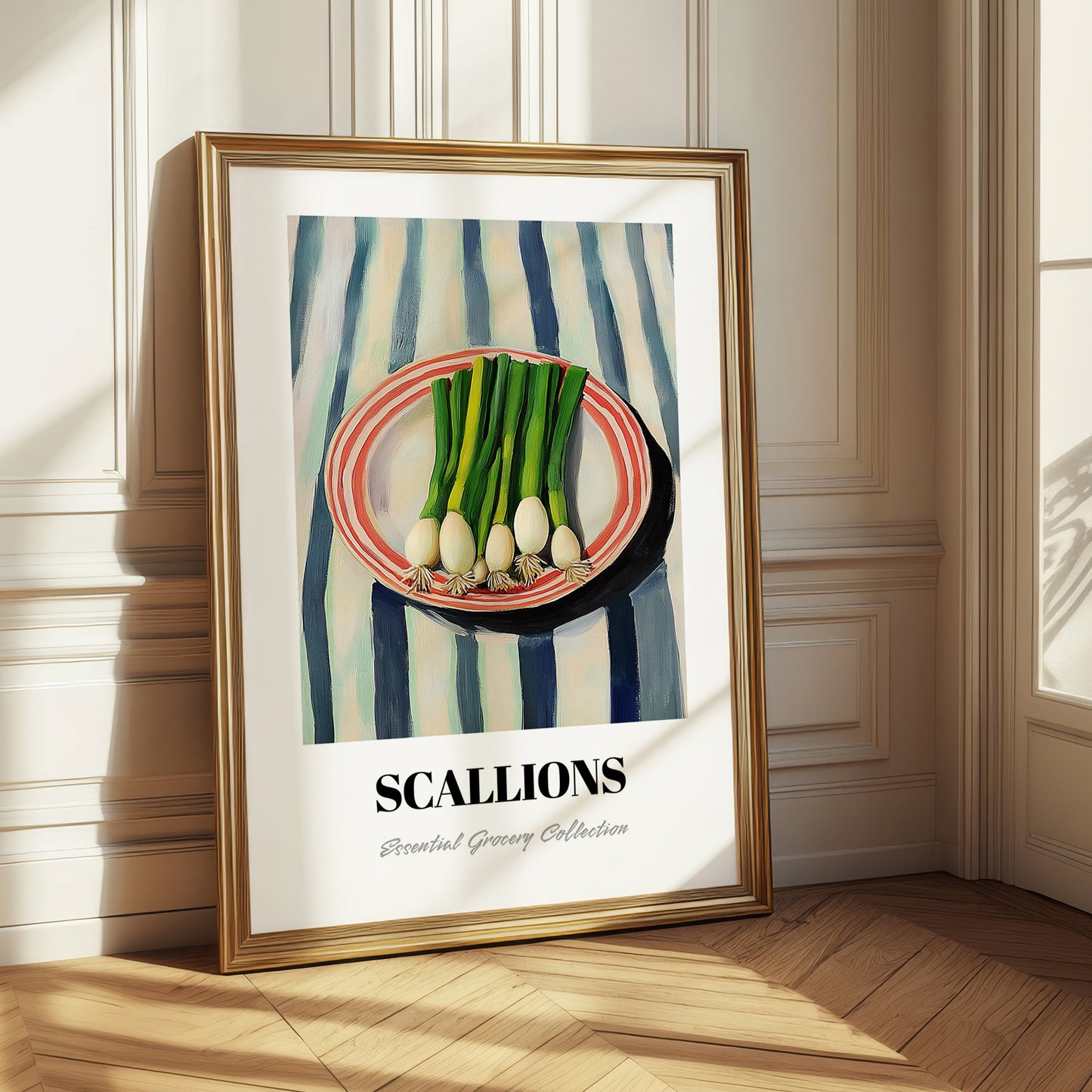 Green Onions – on Striped Tablecloth, Vegetable Wall Decor