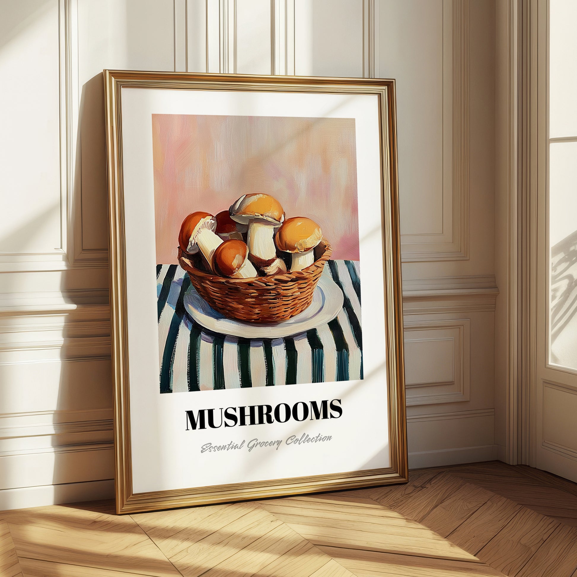 Mushrooms – on Striped Tablecloth, Vegetable Illustration