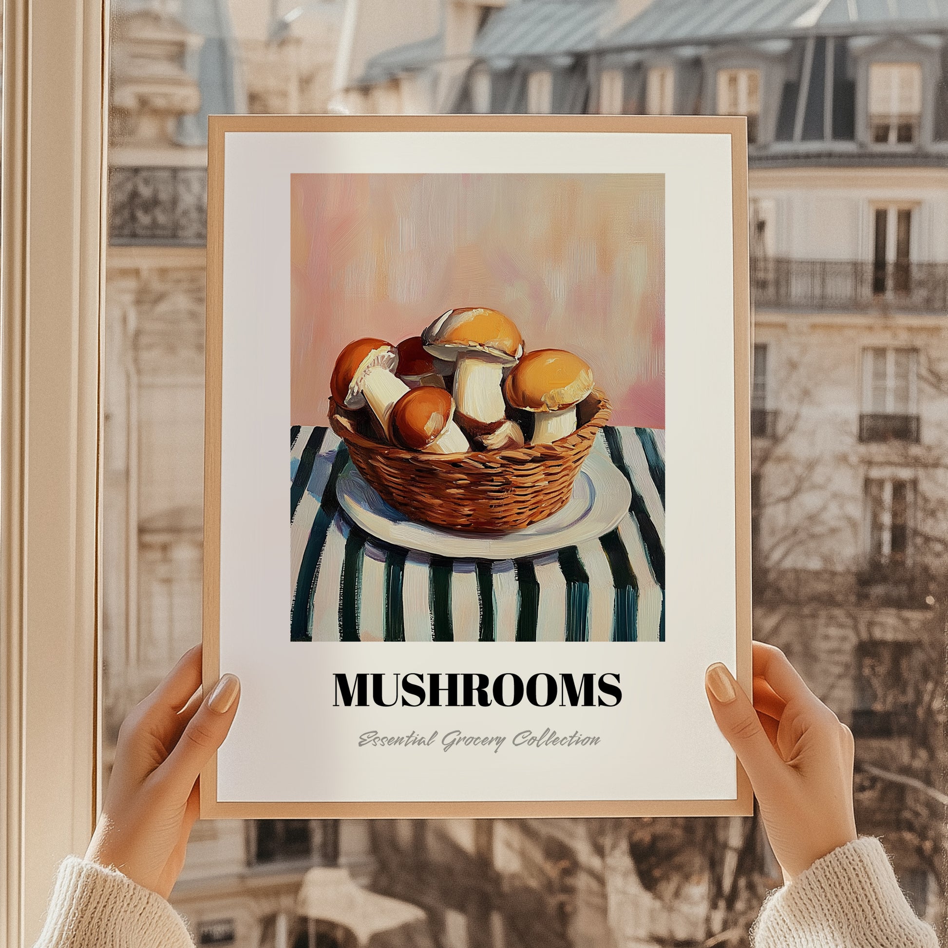 Mushrooms – on Striped Tablecloth, Vegetable Illustration, styled in a charming Paris street view