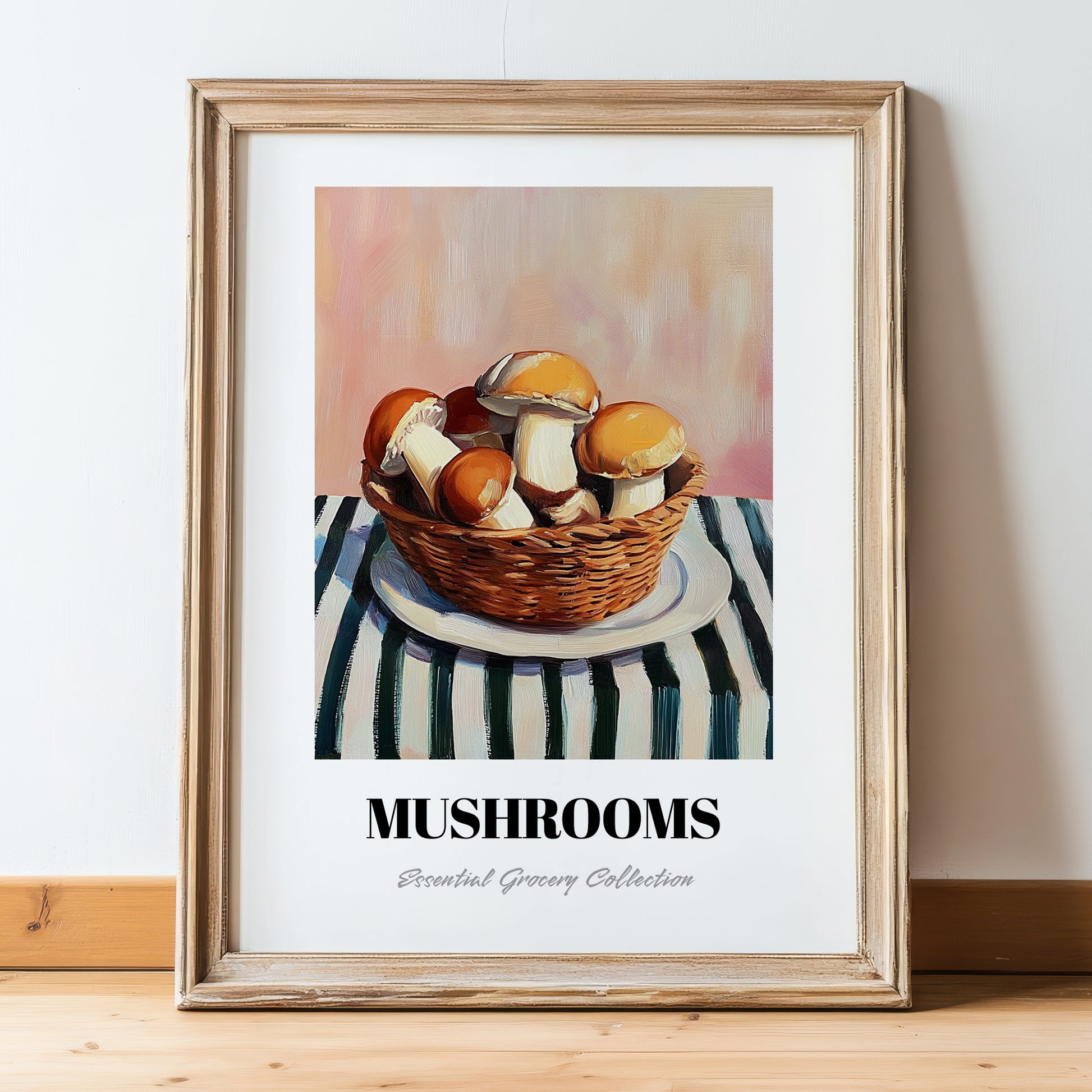 Mushrooms – on Striped Tablecloth, Vegetable Illustration, in wooden frame leaning on the floor