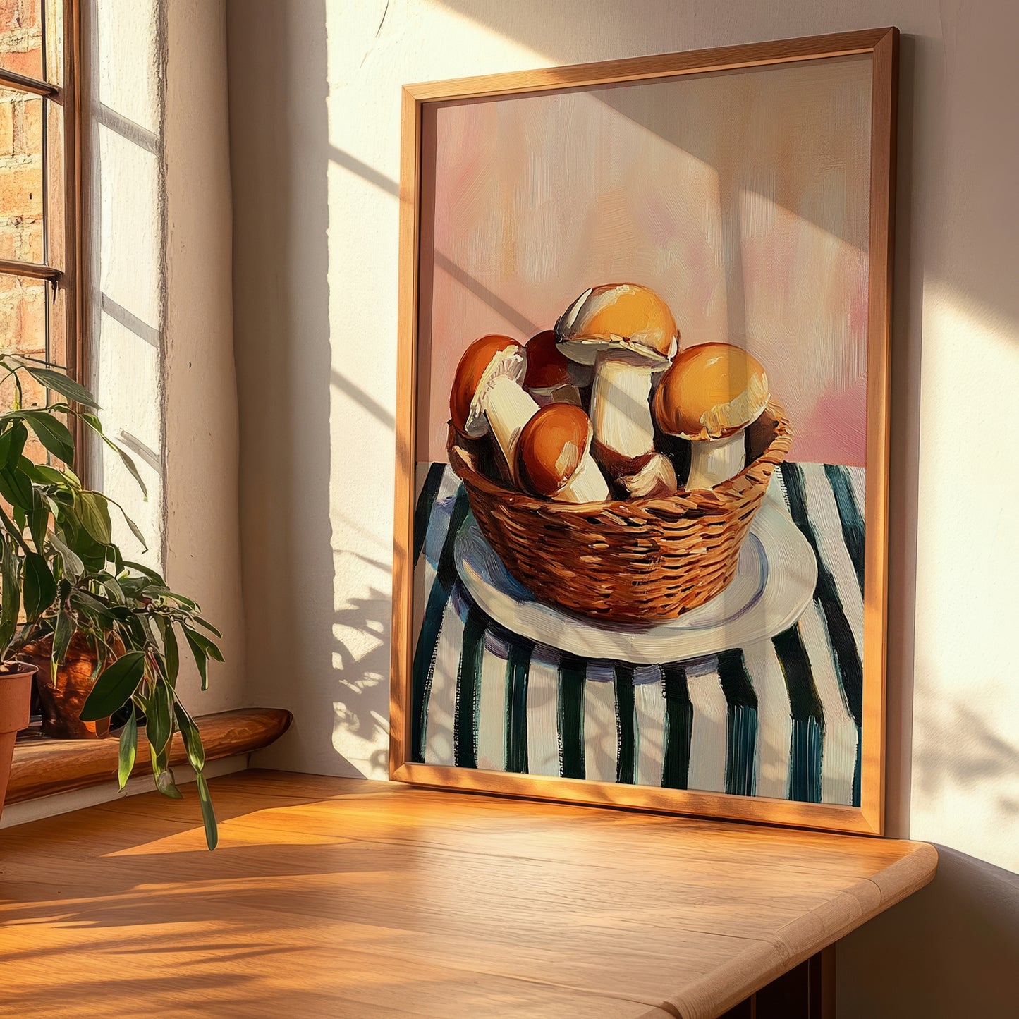 Mushrooms – on Striped Tablecloth, Vegetable Illustration, clean layout with no caption
