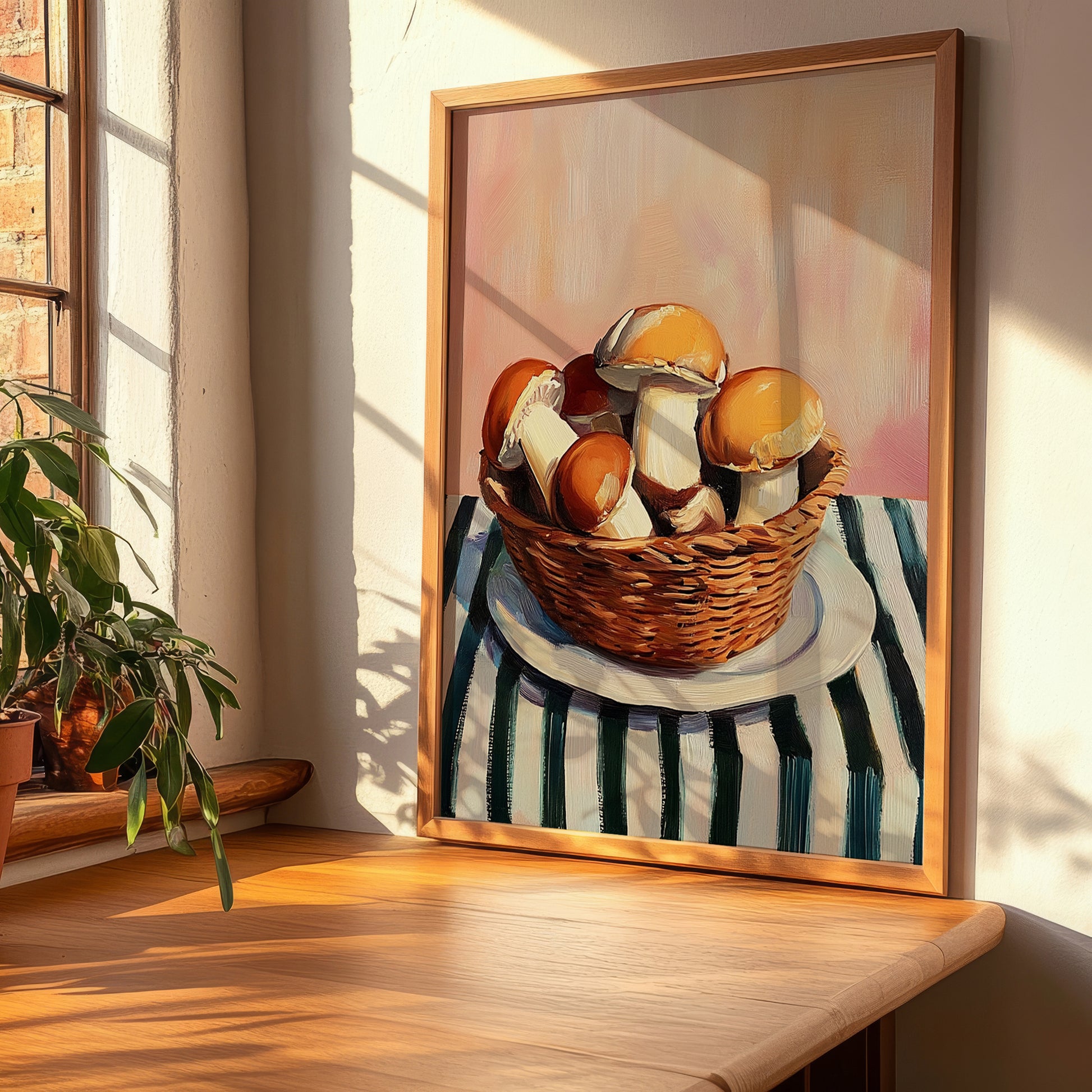 Mushrooms – on Striped Tablecloth, Vegetable Illustration, clean layout with no caption