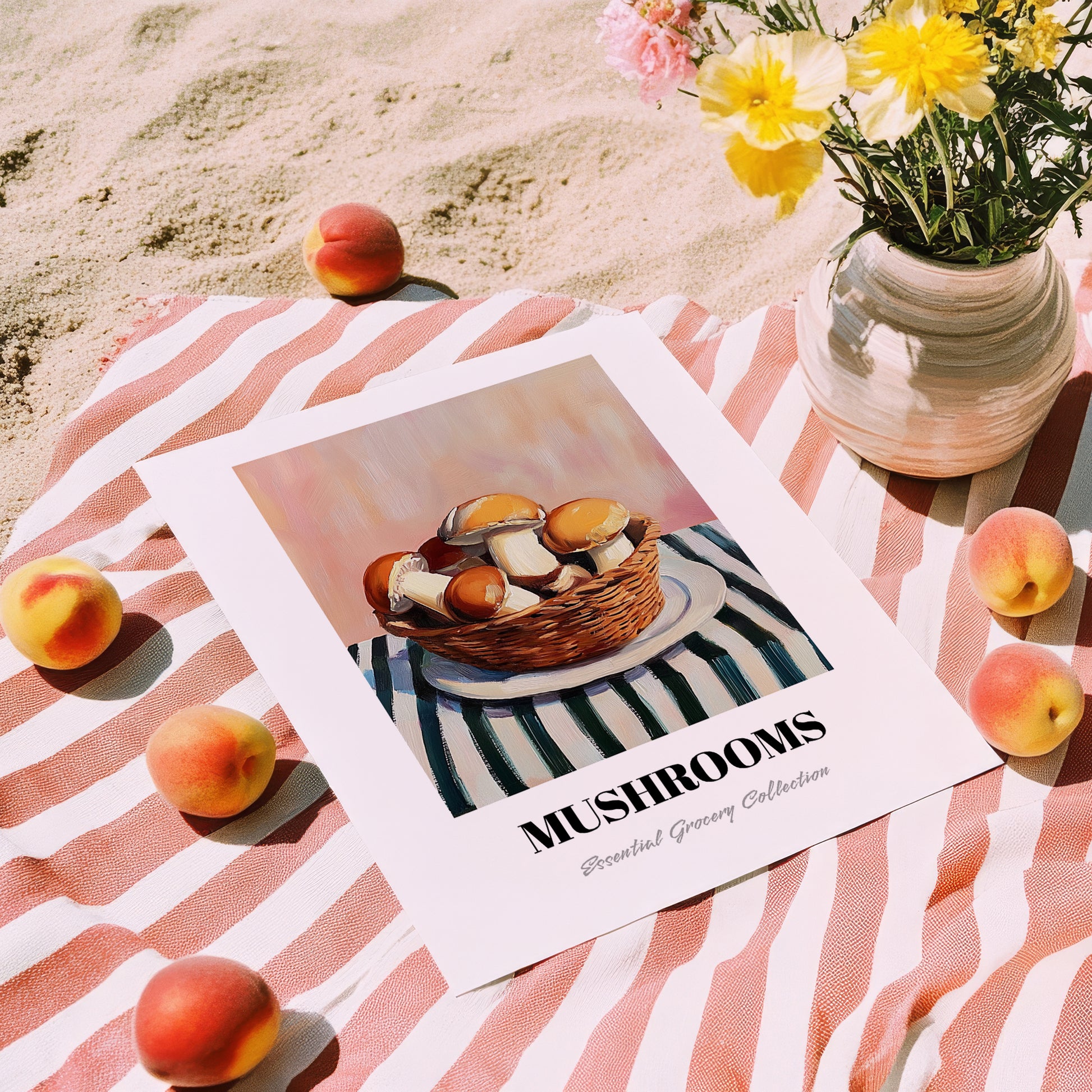 Mushrooms – on Striped Tablecloth, Vegetable Illustration, unframed on coastal sand
