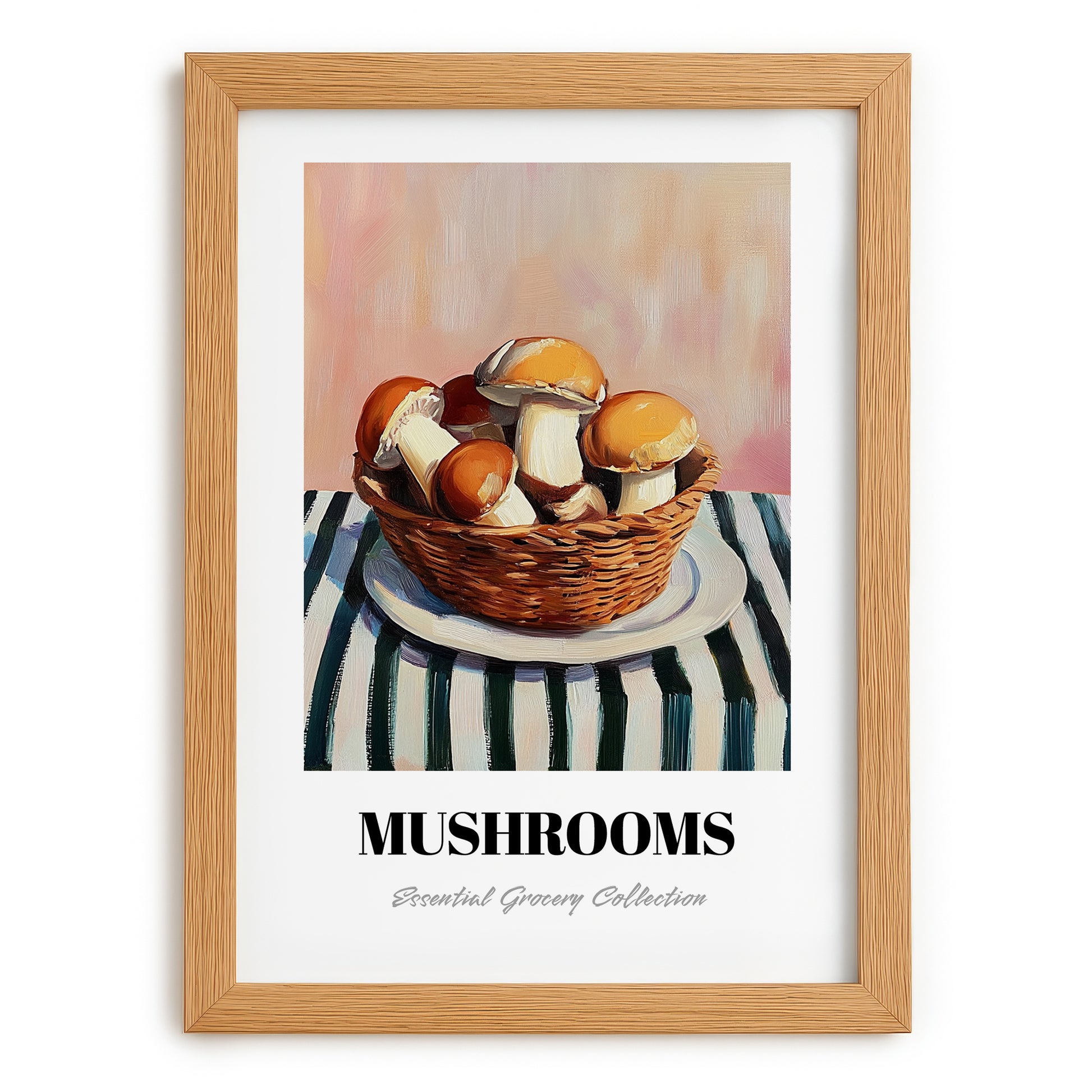 Mushrooms – on Striped Tablecloth, Vegetable Illustration, set in oak frame