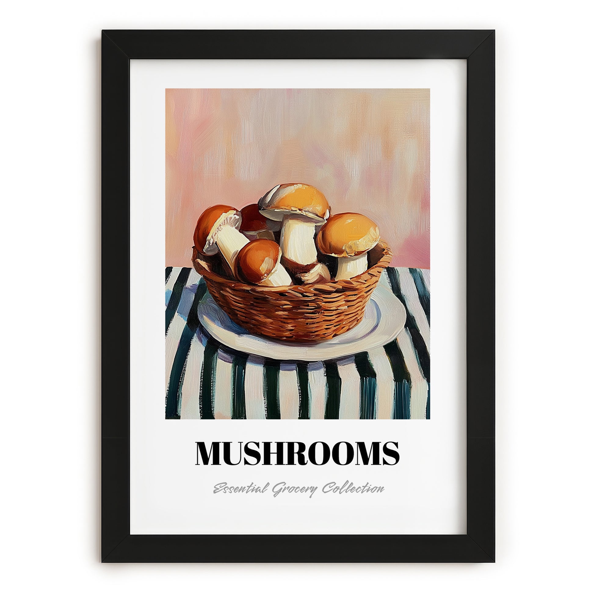 Mushrooms – on Striped Tablecloth, Vegetable Illustration, in sleek black frame