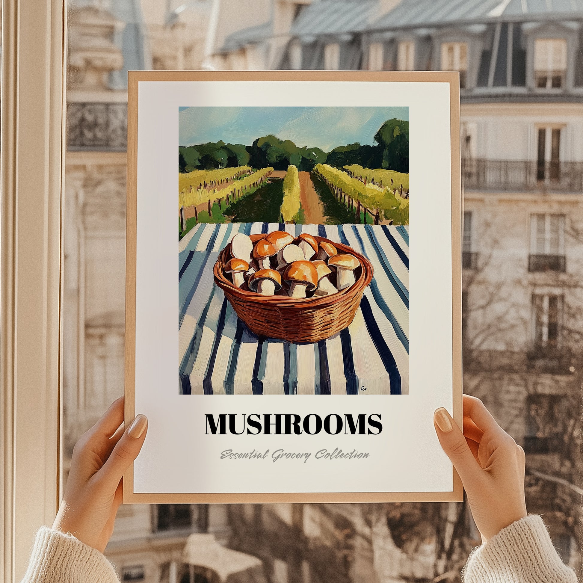 Mushrooms – Green Valley Landscape, Vegetable Painting, styled in a charming Paris street view
