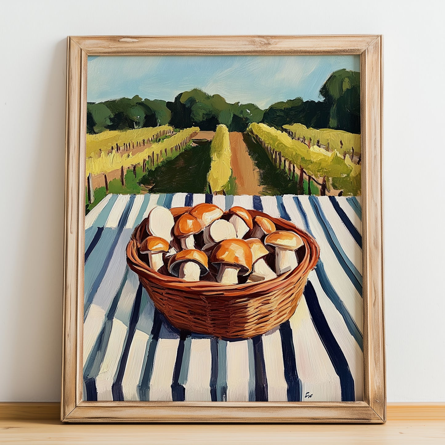 Mushrooms – Green Valley Landscape, Vegetable Painting, no-text version framed in wood