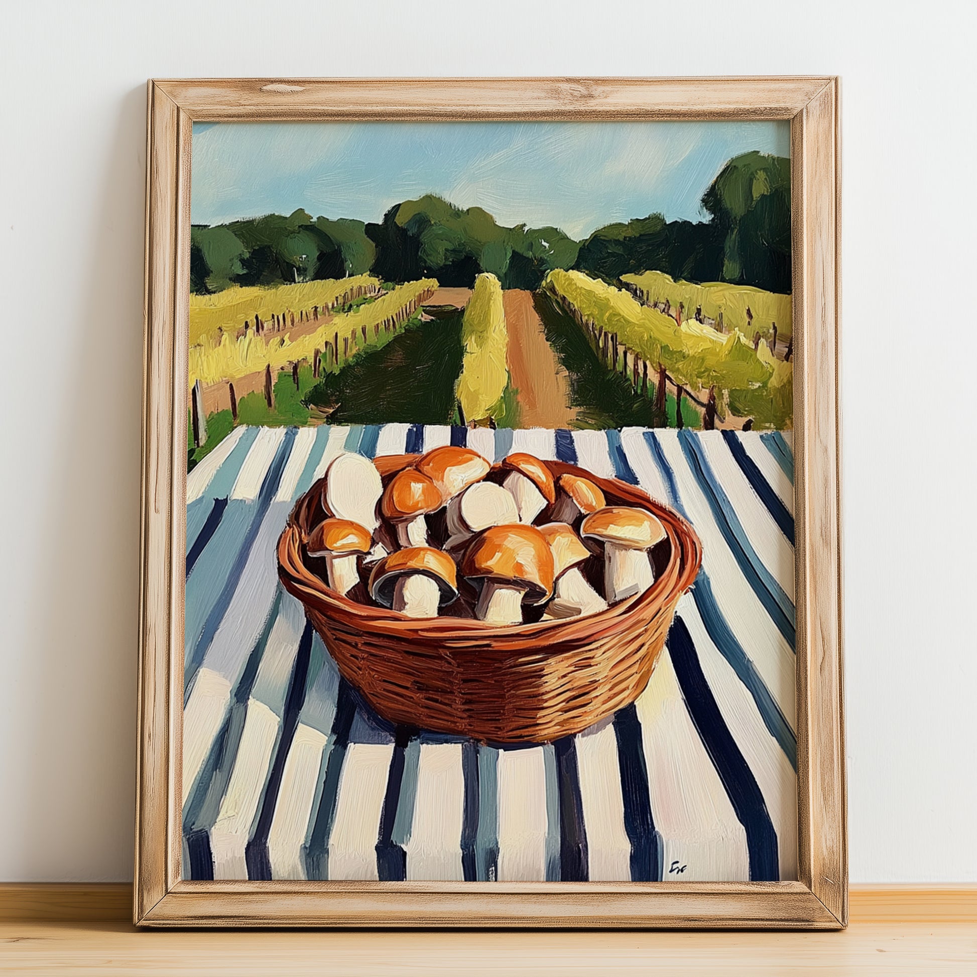 Mushrooms – Green Valley Landscape, Vegetable Painting, no-text version framed in wood