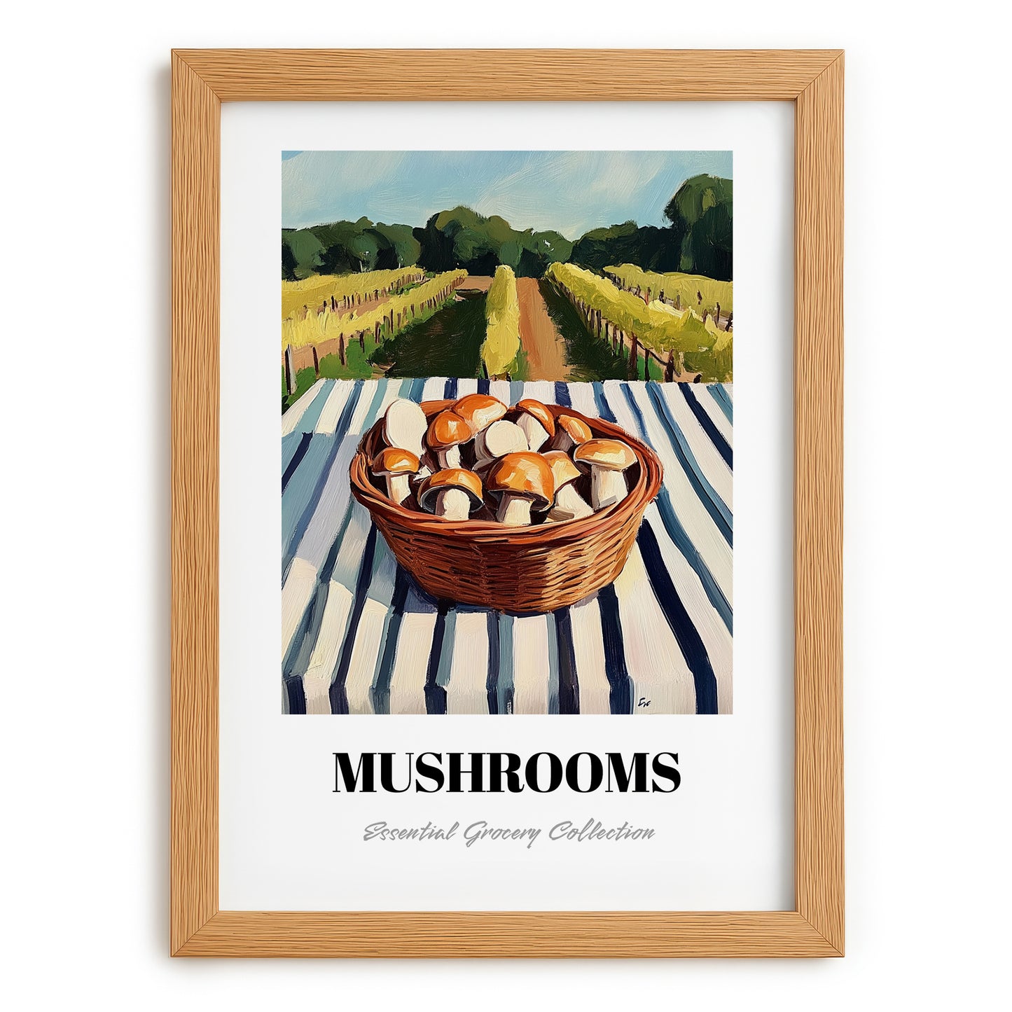 Mushrooms – Green Valley Landscape, Vegetable Painting, set in oak frame