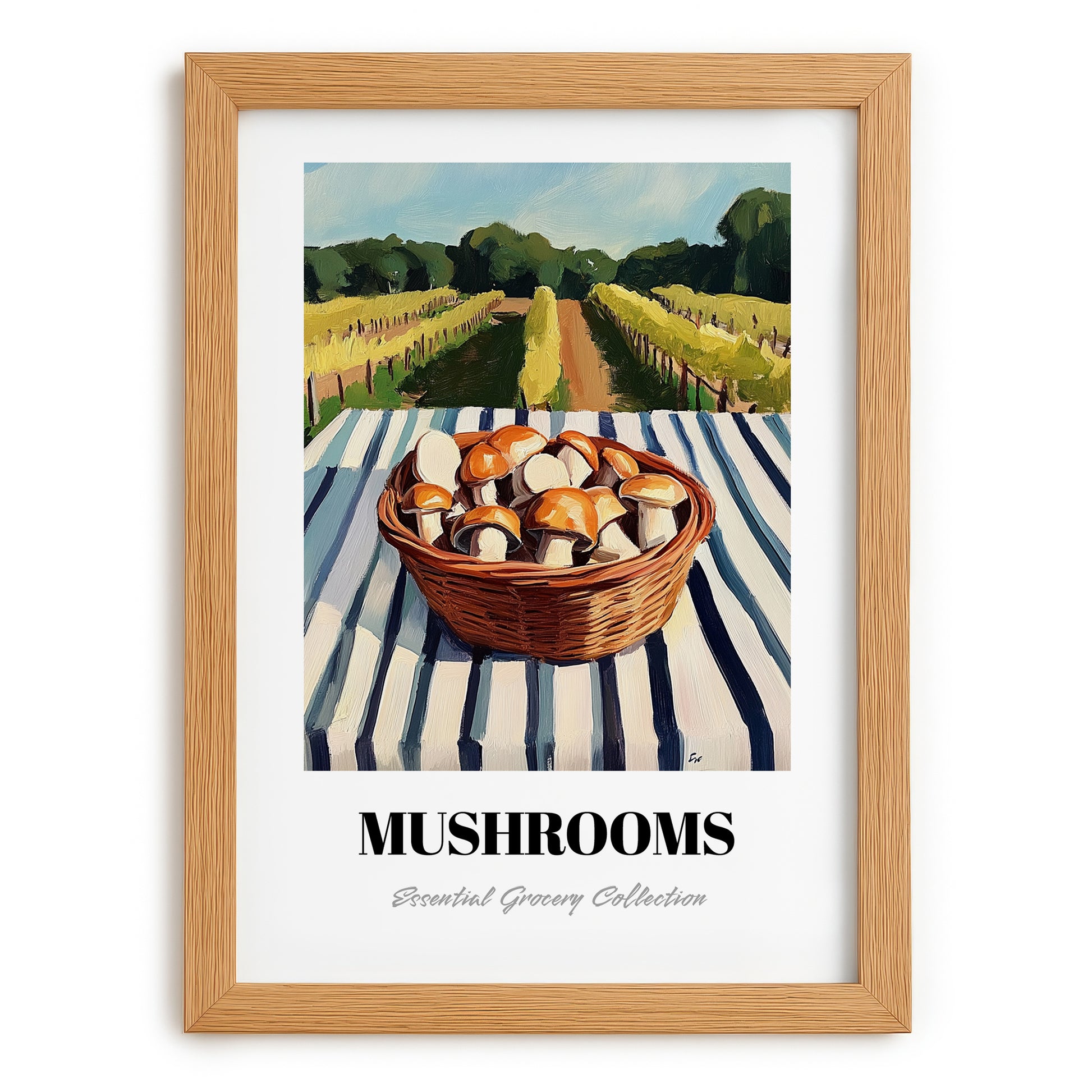 Mushrooms – Green Valley Landscape, Vegetable Painting, set in oak frame