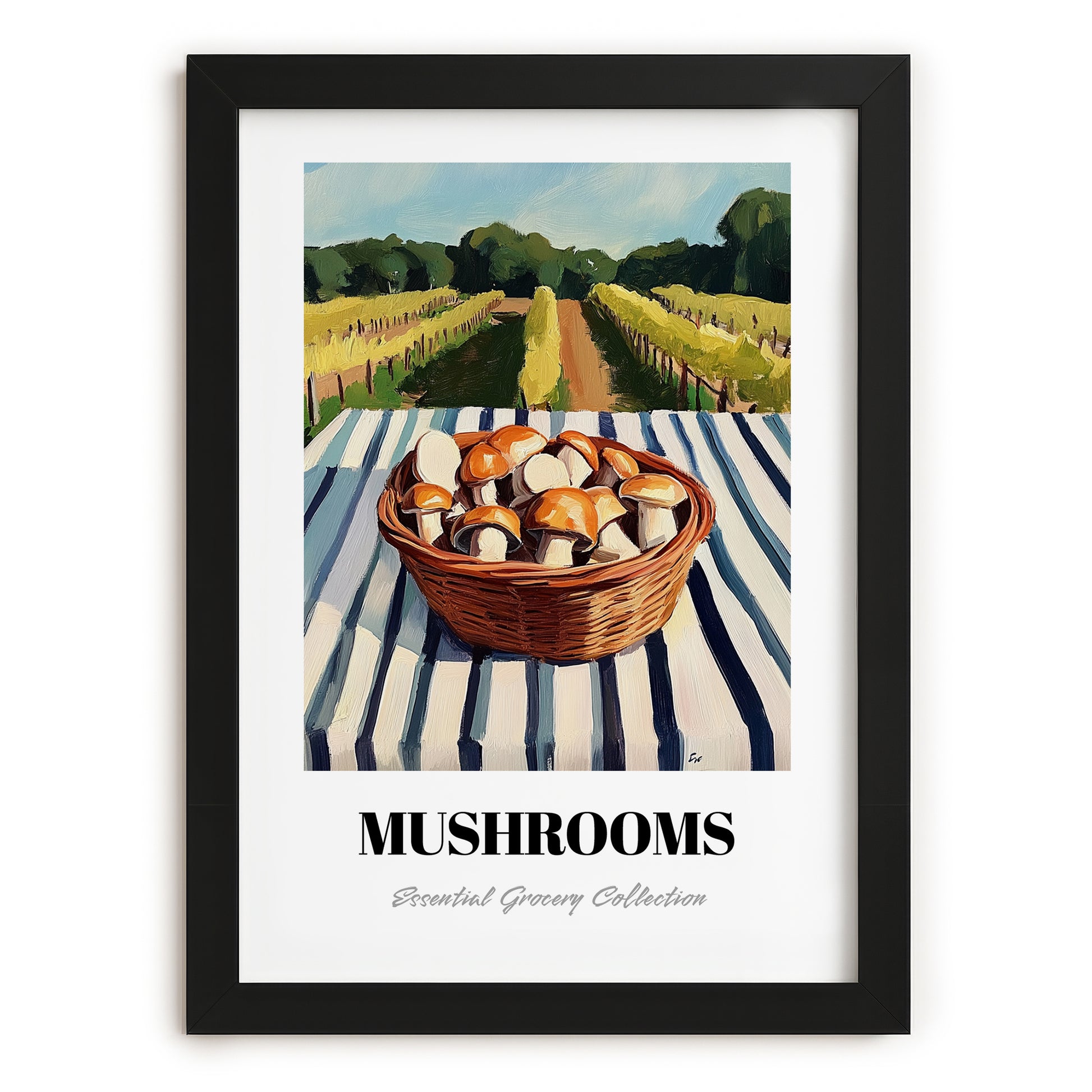 Mushrooms – Green Valley Landscape, Vegetable Painting, in sleek black frame