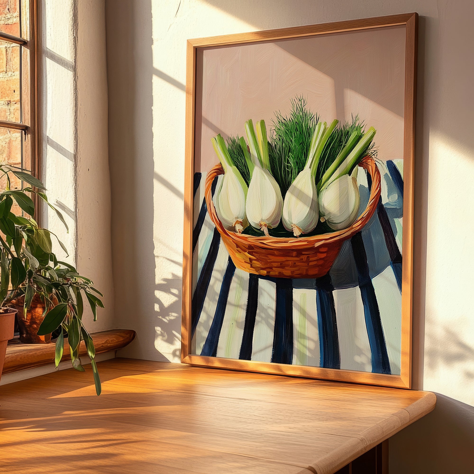 Fennel – on Striped Tablecloth, Vegetable Print, clean layout with no caption