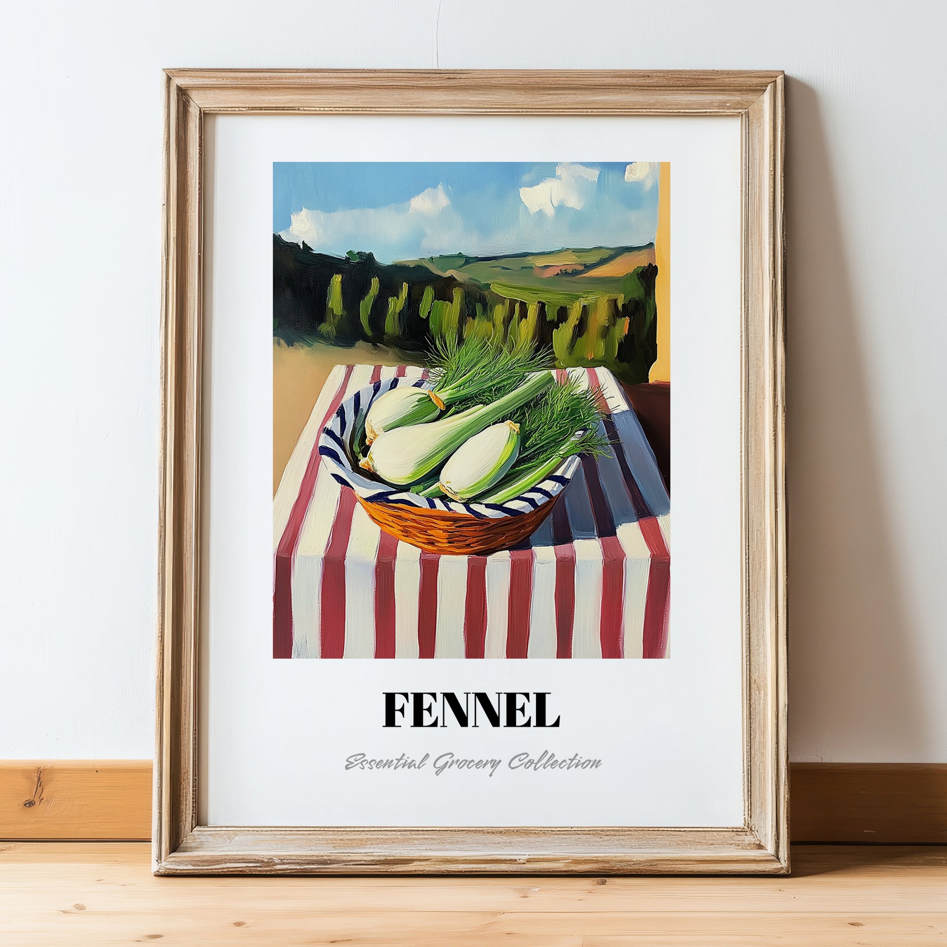 Fennel – Valley Café Scene, Vegetable Painting, in wooden frame leaning on the floor