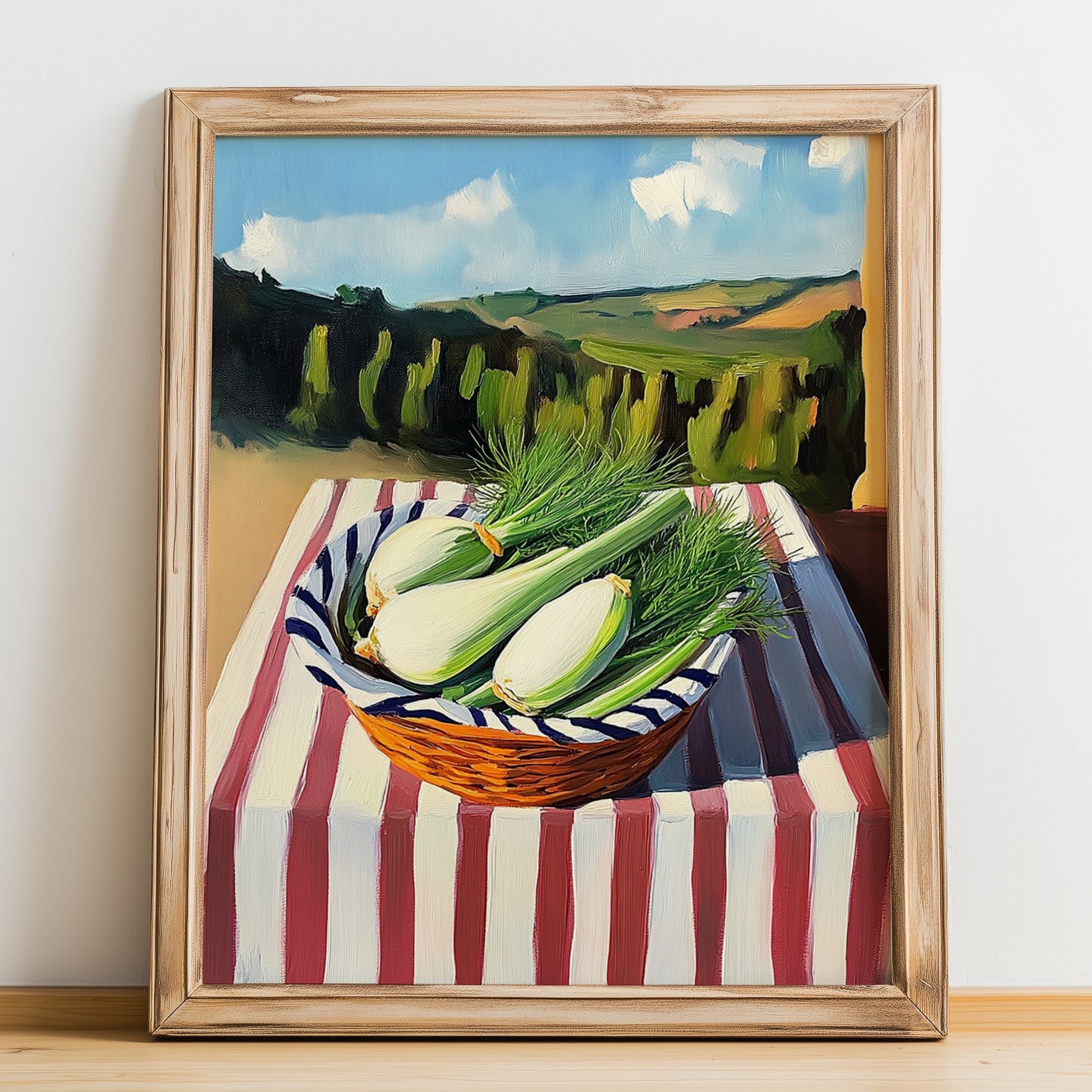 Fennel – Valley Café Scene, Vegetable Painting, no-text version framed in wood