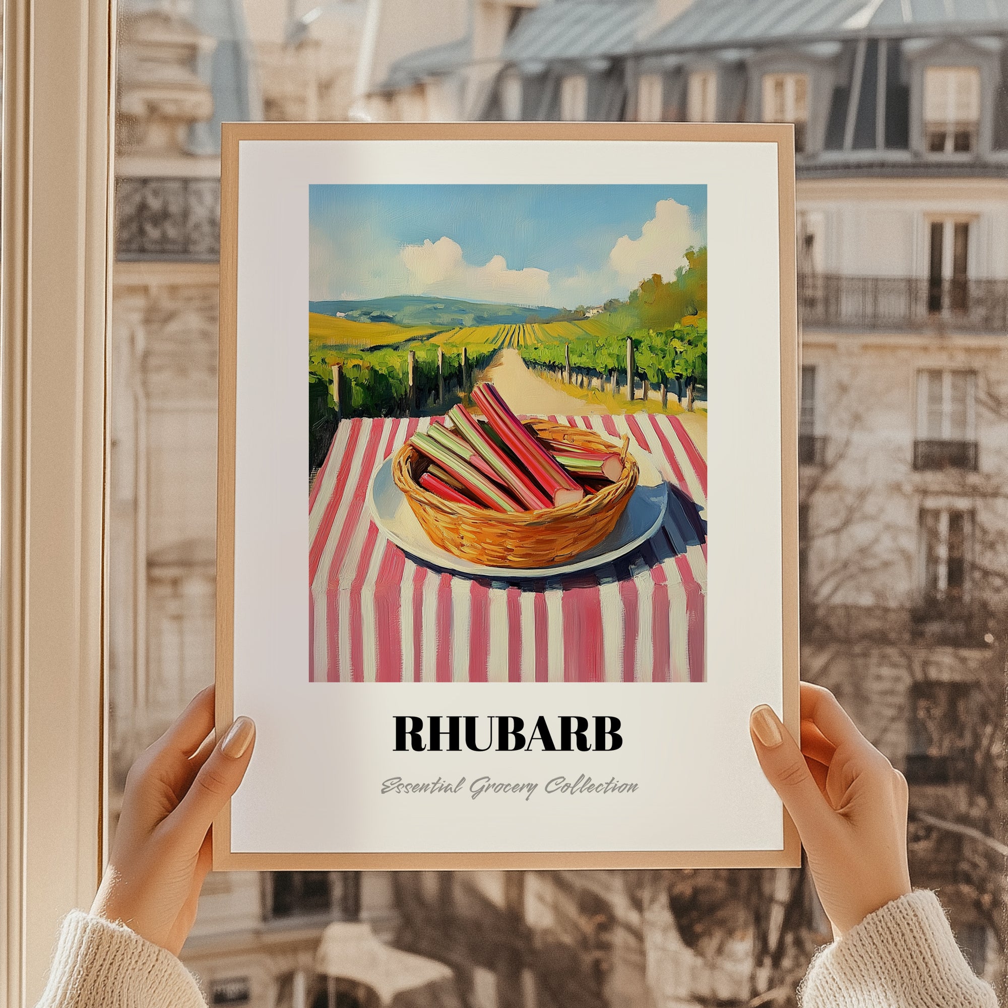 Rhubarb – Valley Café Scene, Vegetable Print, styled in a charming Paris street view