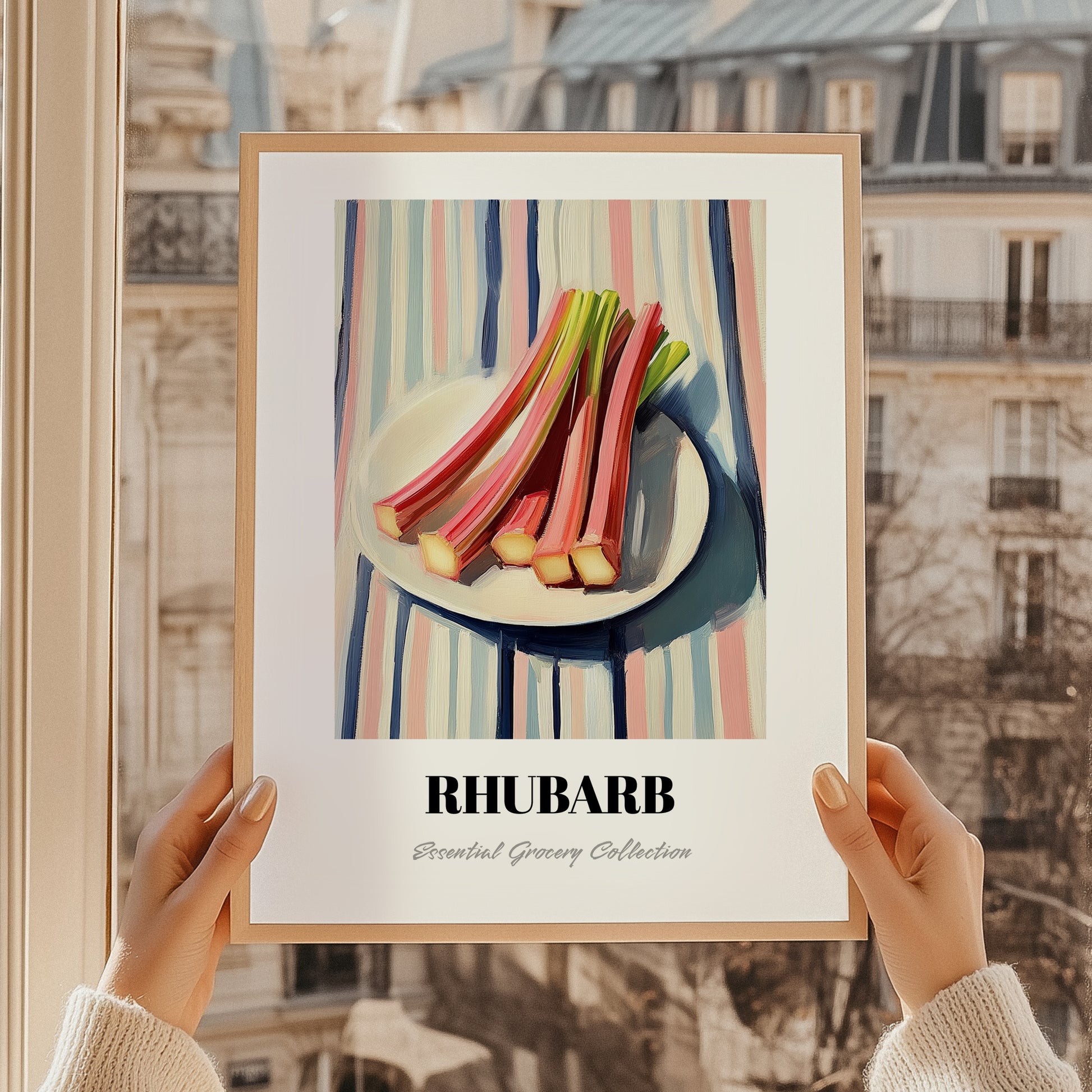 Rhubarb – on Striped Tablecloth, Vegetable Wall Decor, styled in a charming Paris street view