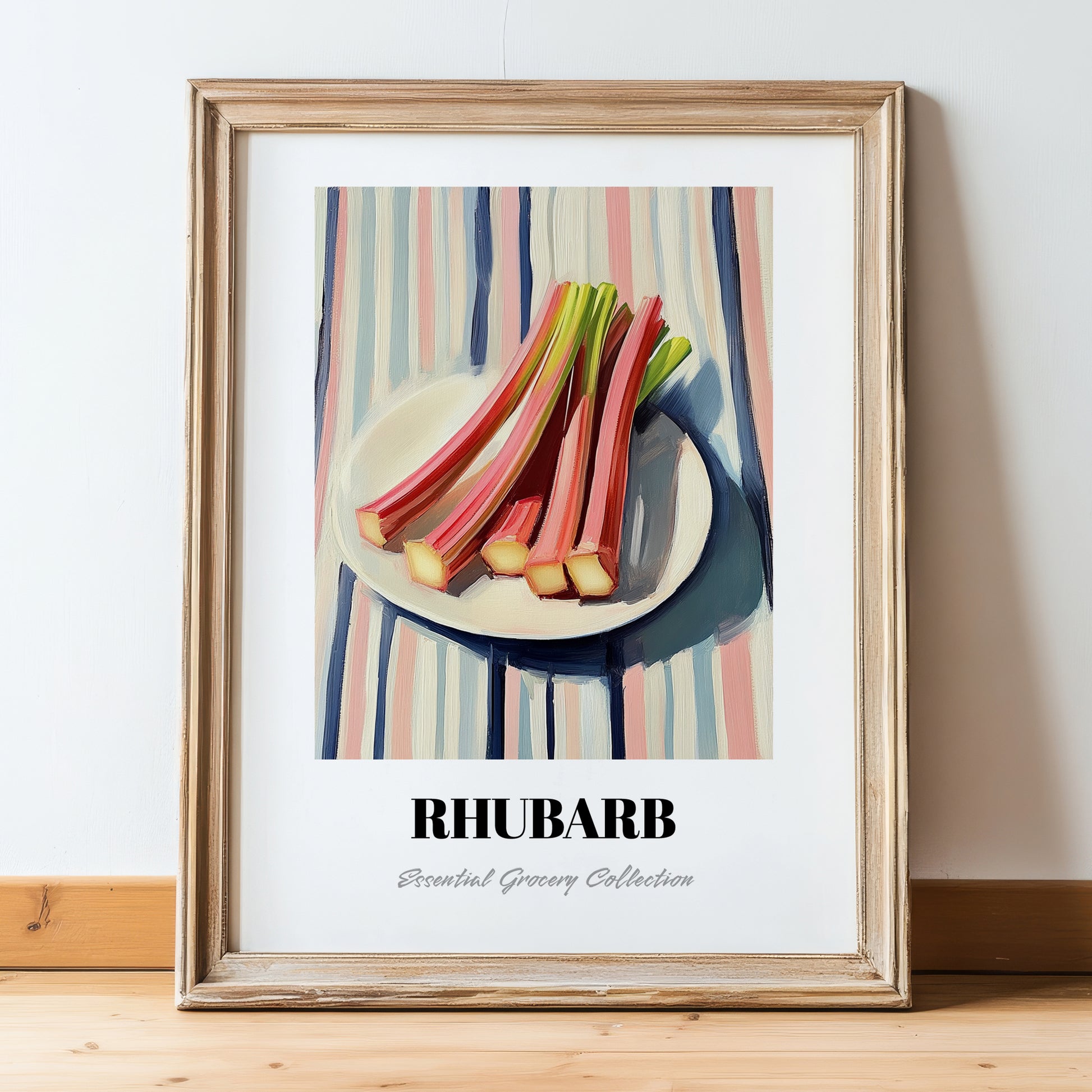 Rhubarb – on Striped Tablecloth, Vegetable Wall Decor, in wooden frame leaning on the floor