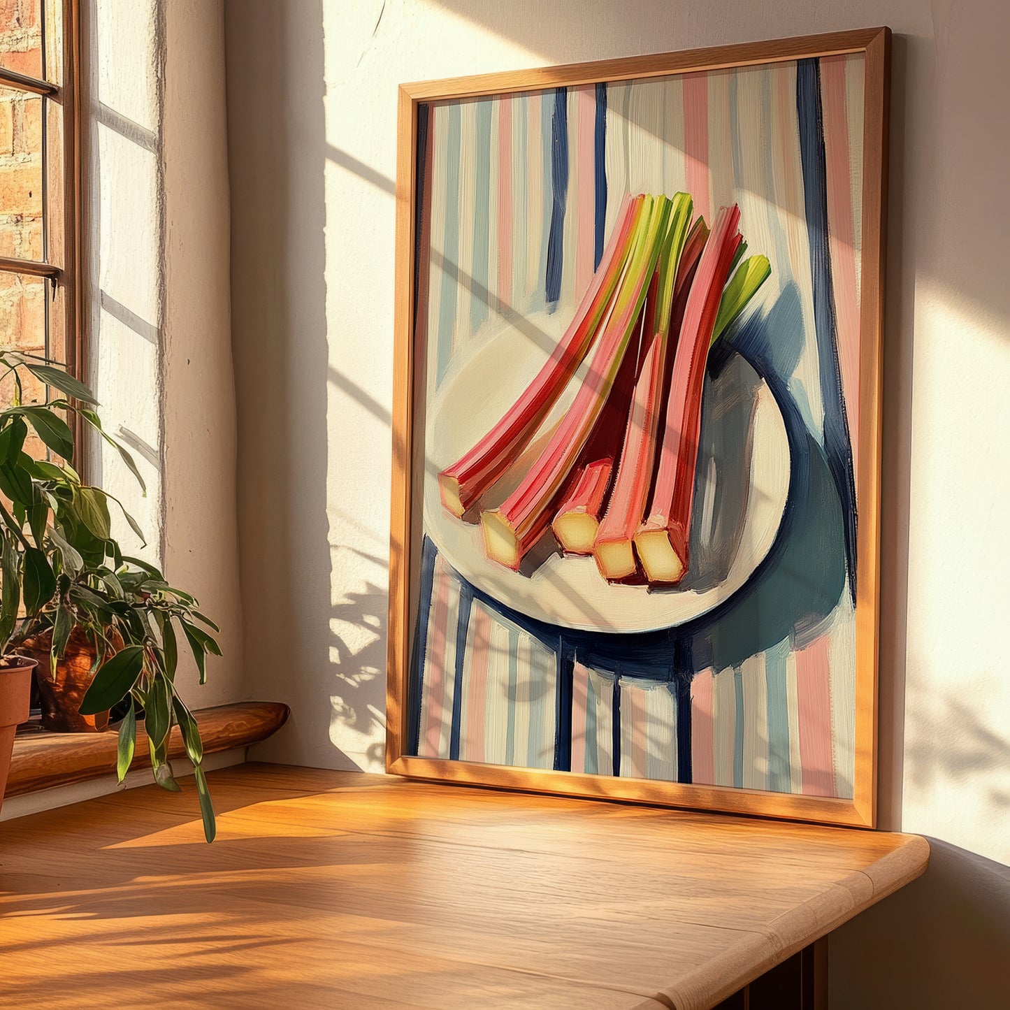 Rhubarb – on Striped Tablecloth, Vegetable Wall Decor, clean layout with no caption