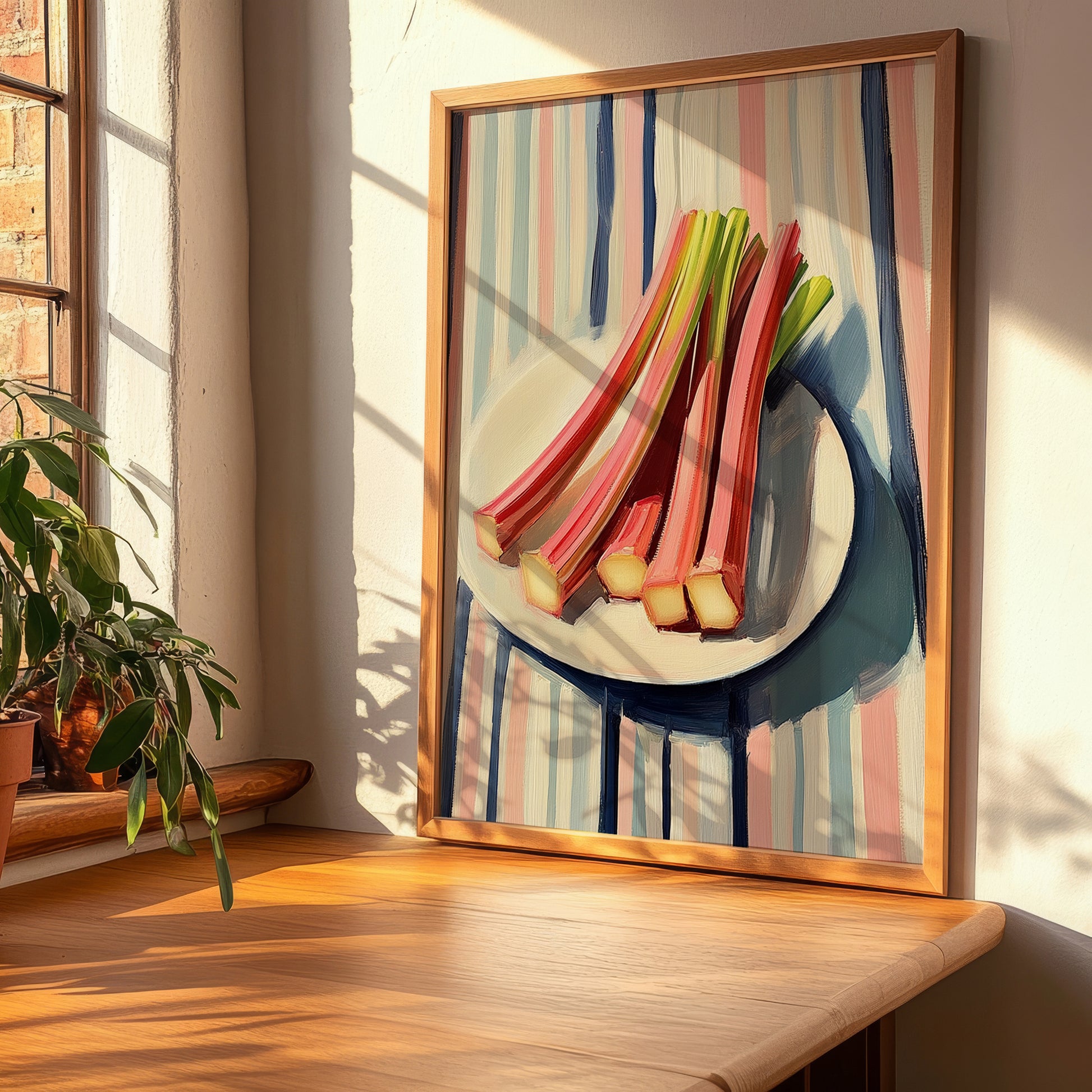 Rhubarb – on Striped Tablecloth, Vegetable Wall Decor, clean layout with no caption