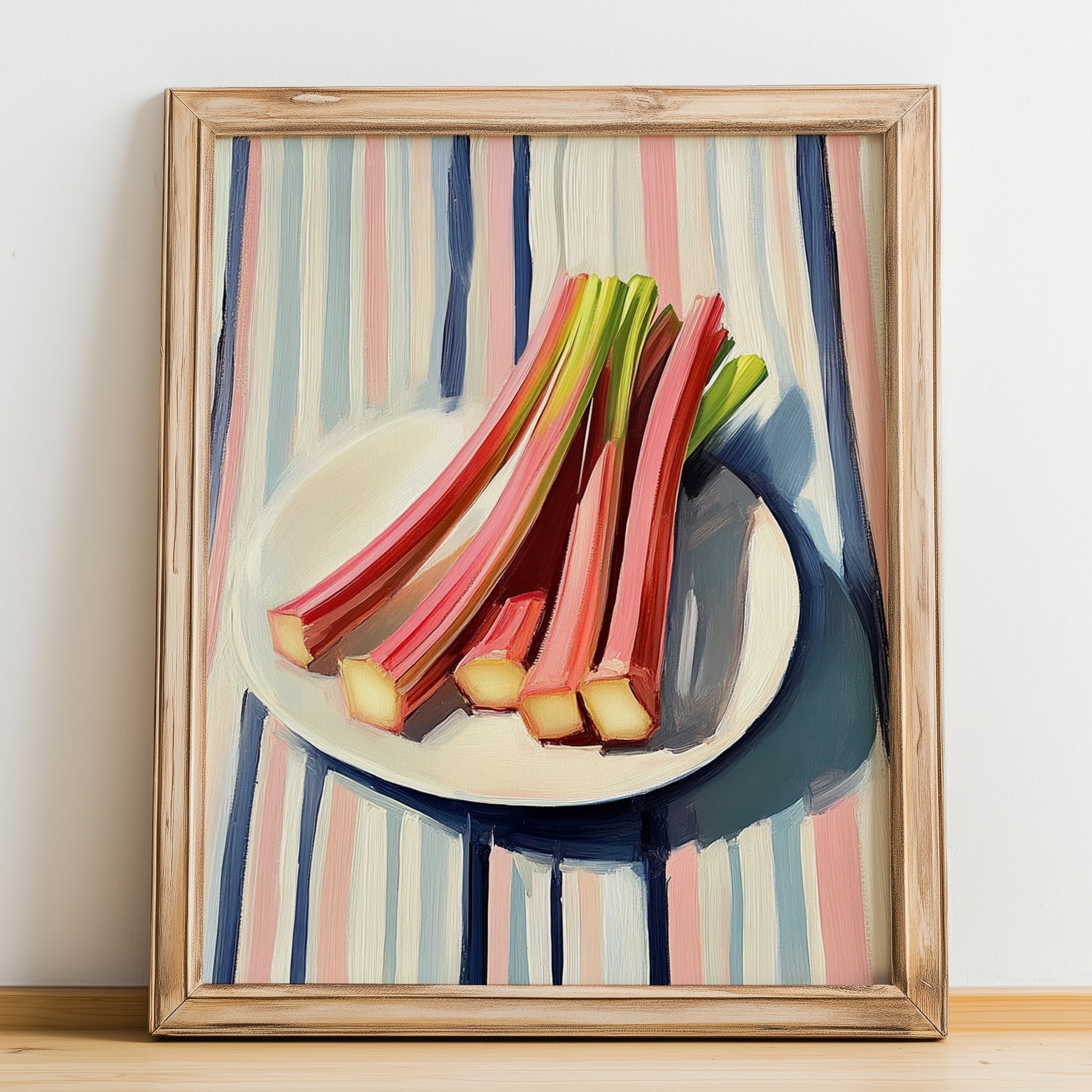 Rhubarb – on Striped Tablecloth, Vegetable Wall Decor, no-text version framed in wood