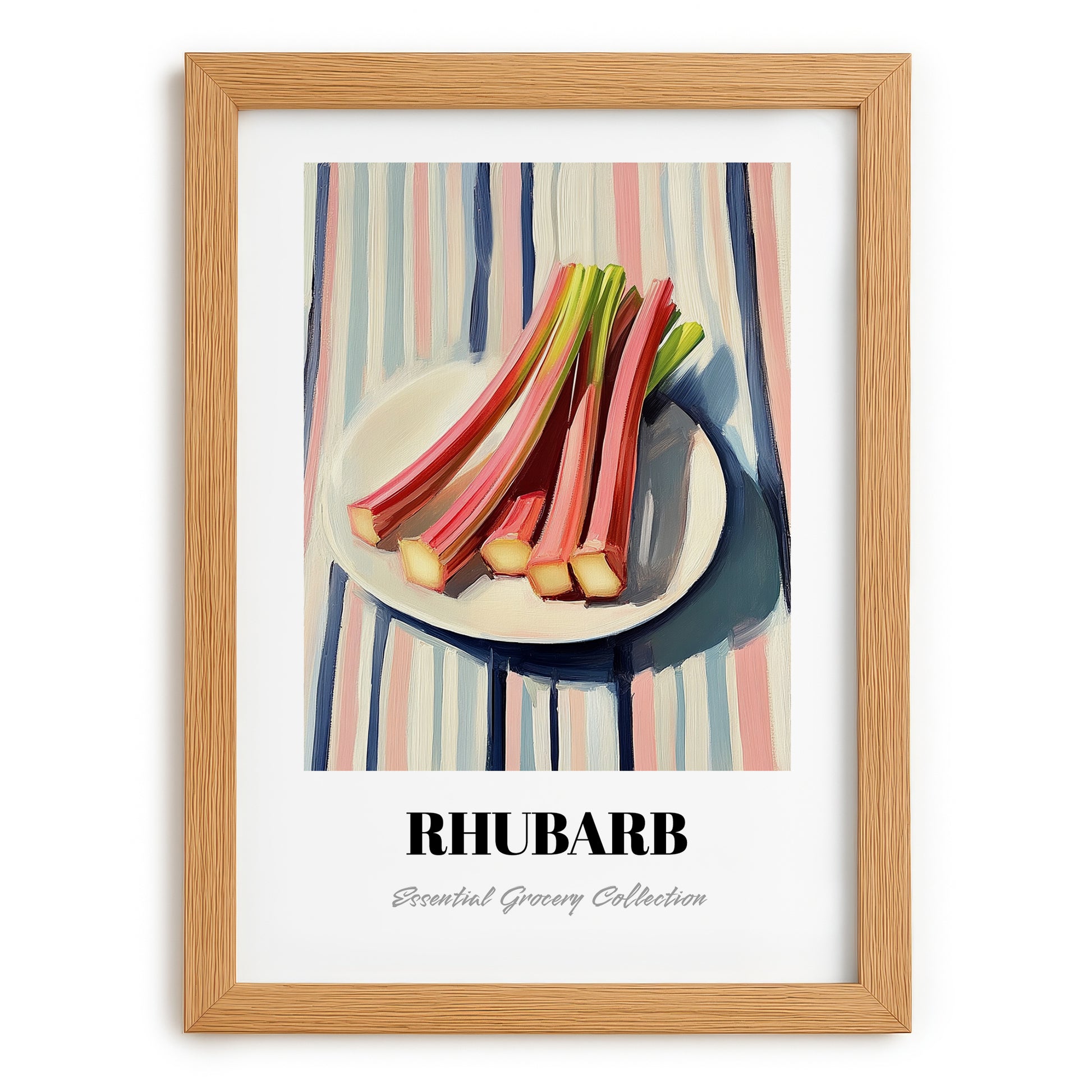 Rhubarb – on Striped Tablecloth, Vegetable Wall Decor, set in oak frame