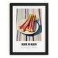 Rhubarb – on Striped Tablecloth, Vegetable Wall Decor, in sleek black frame