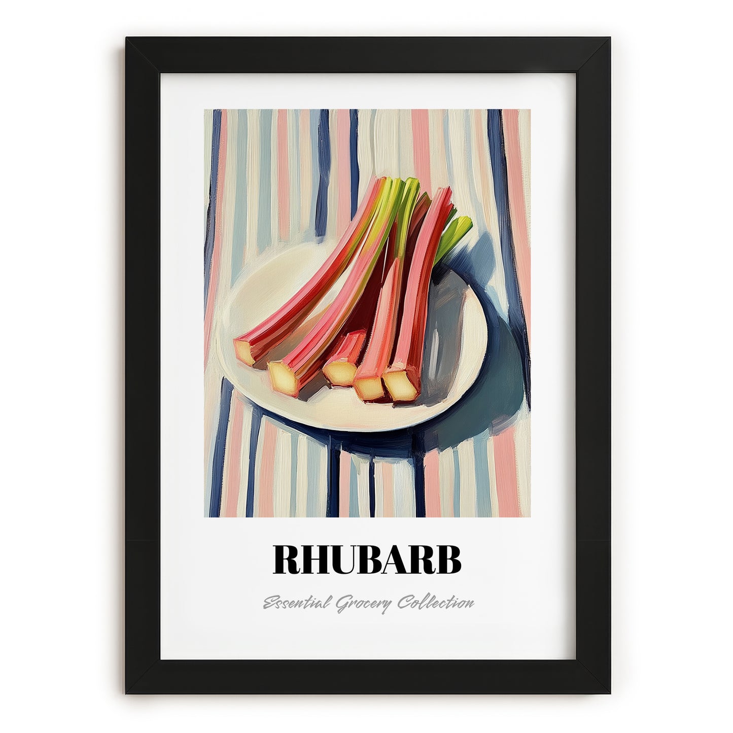 Rhubarb – on Striped Tablecloth, Vegetable Wall Decor, in sleek black frame