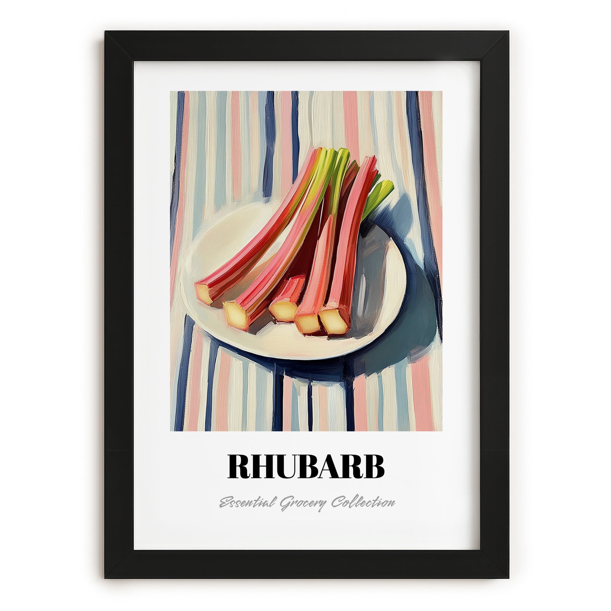 Rhubarb – on Striped Tablecloth, Vegetable Wall Decor, in sleek black frame