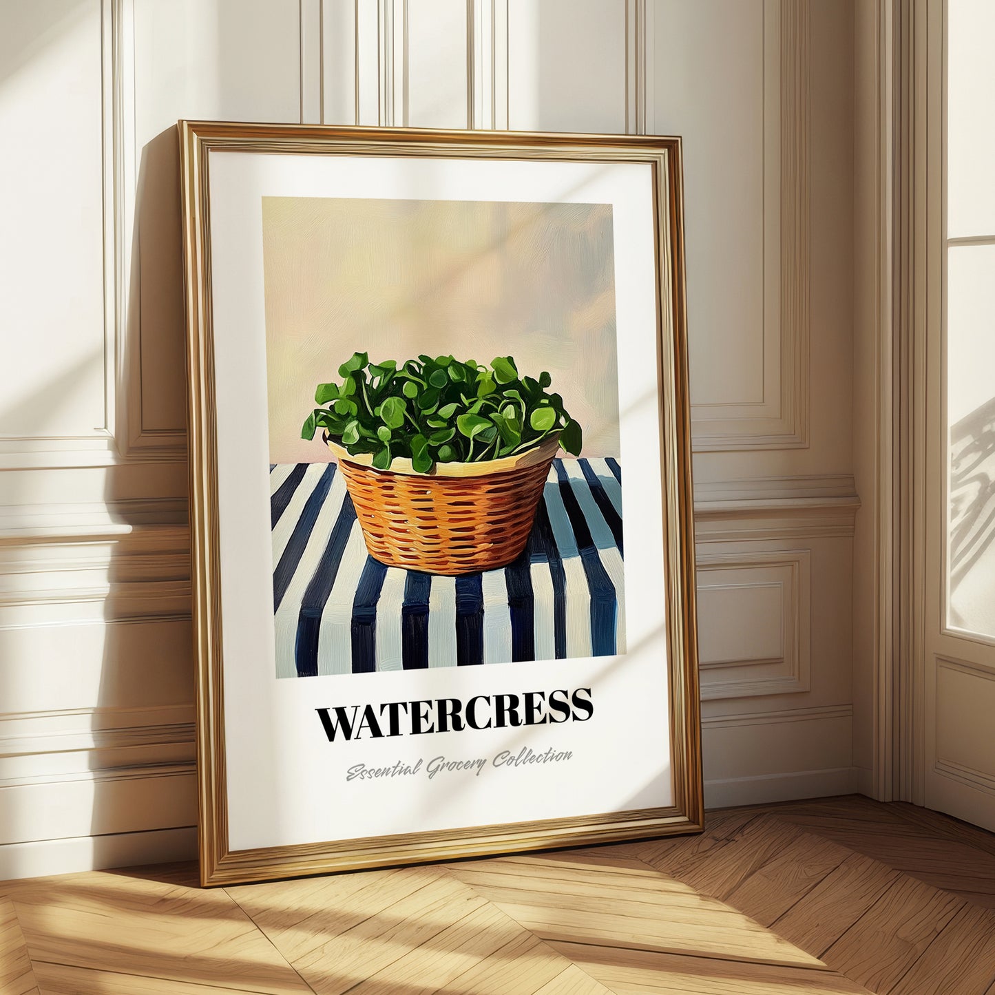 Watercress – on Striped Tablecloth, Vegetable Wall Art