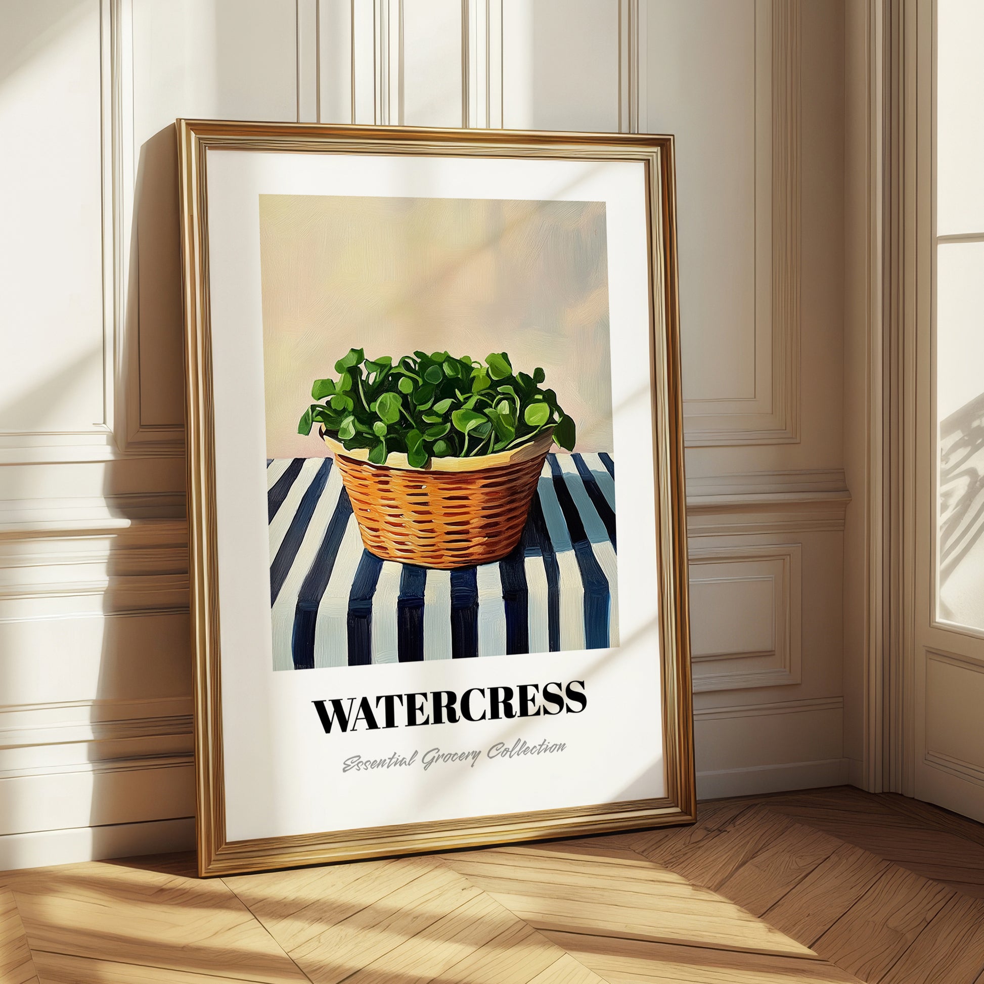 Watercress – on Striped Tablecloth, Vegetable Wall Art