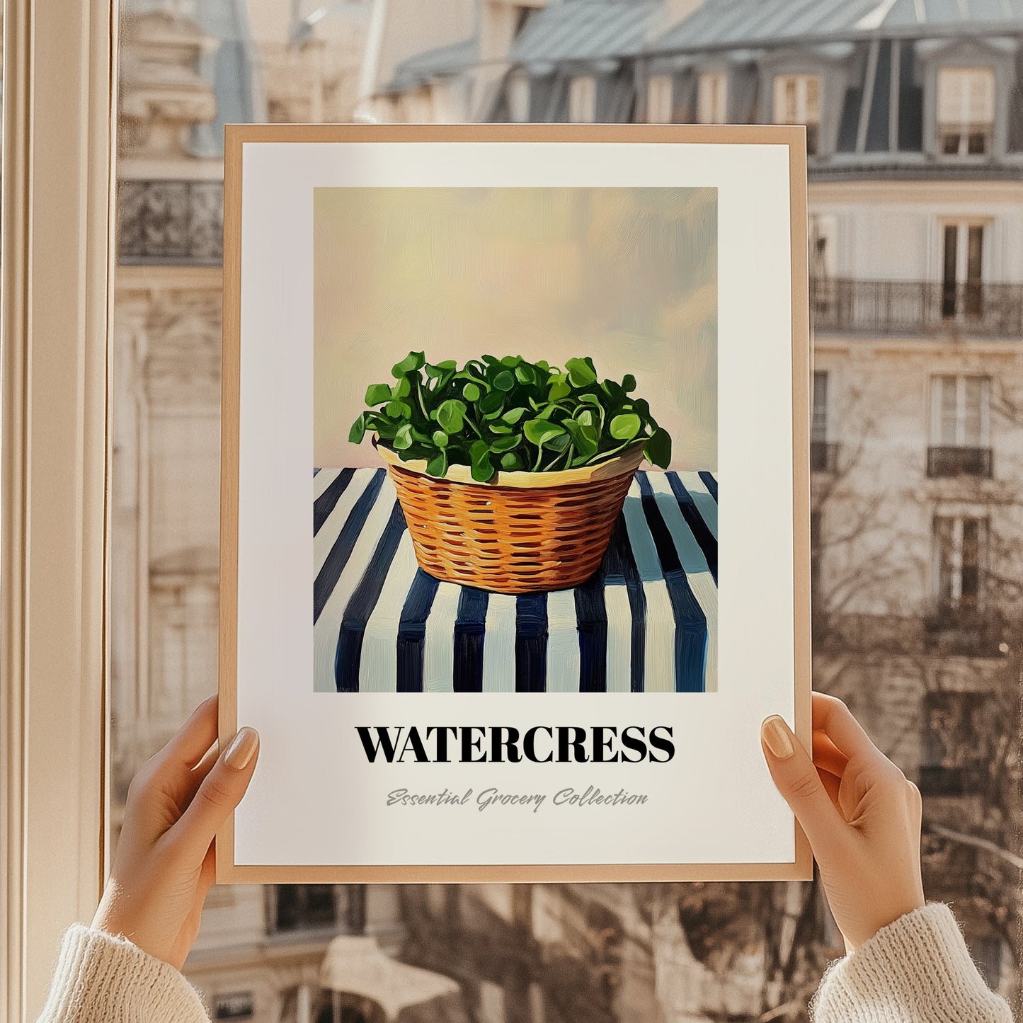 Watercress – on Striped Tablecloth, Vegetable Wall Art, styled in a charming Paris street view