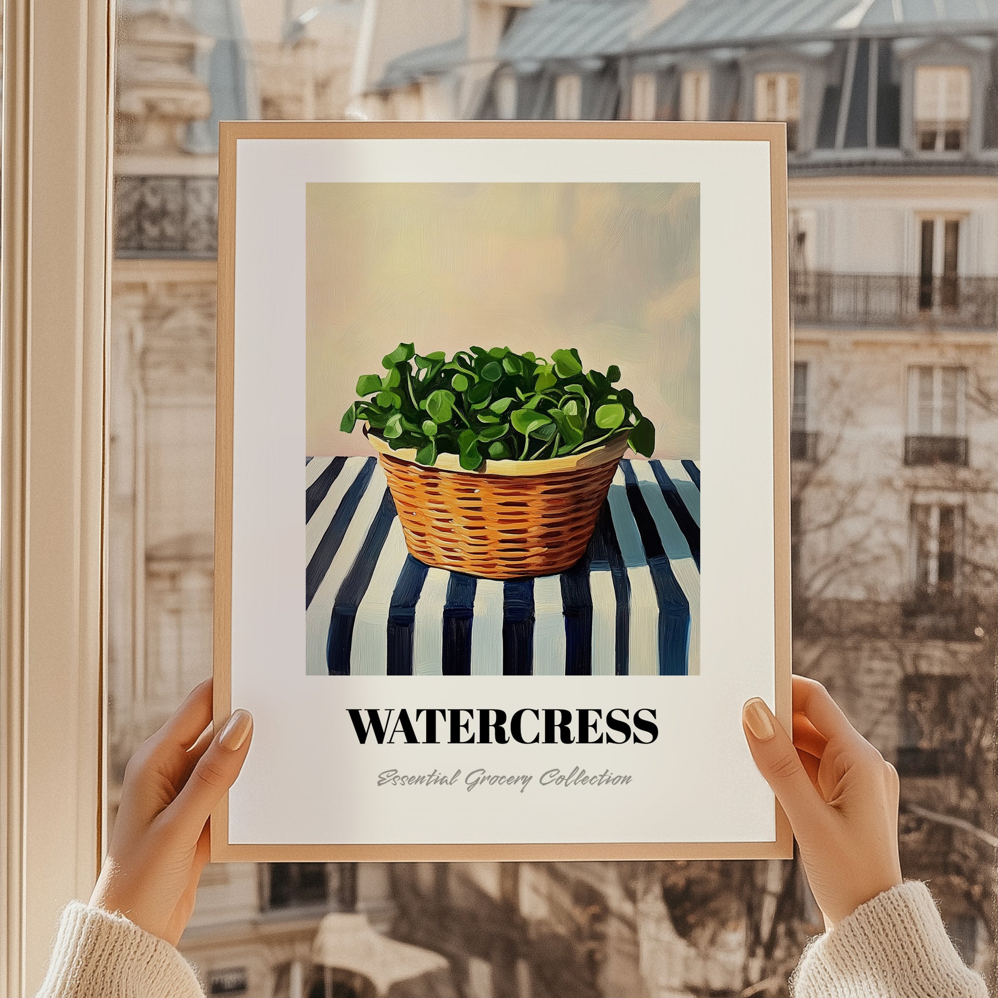 Watercress – on Striped Tablecloth, Vegetable Wall Art, styled in a charming Paris street view
