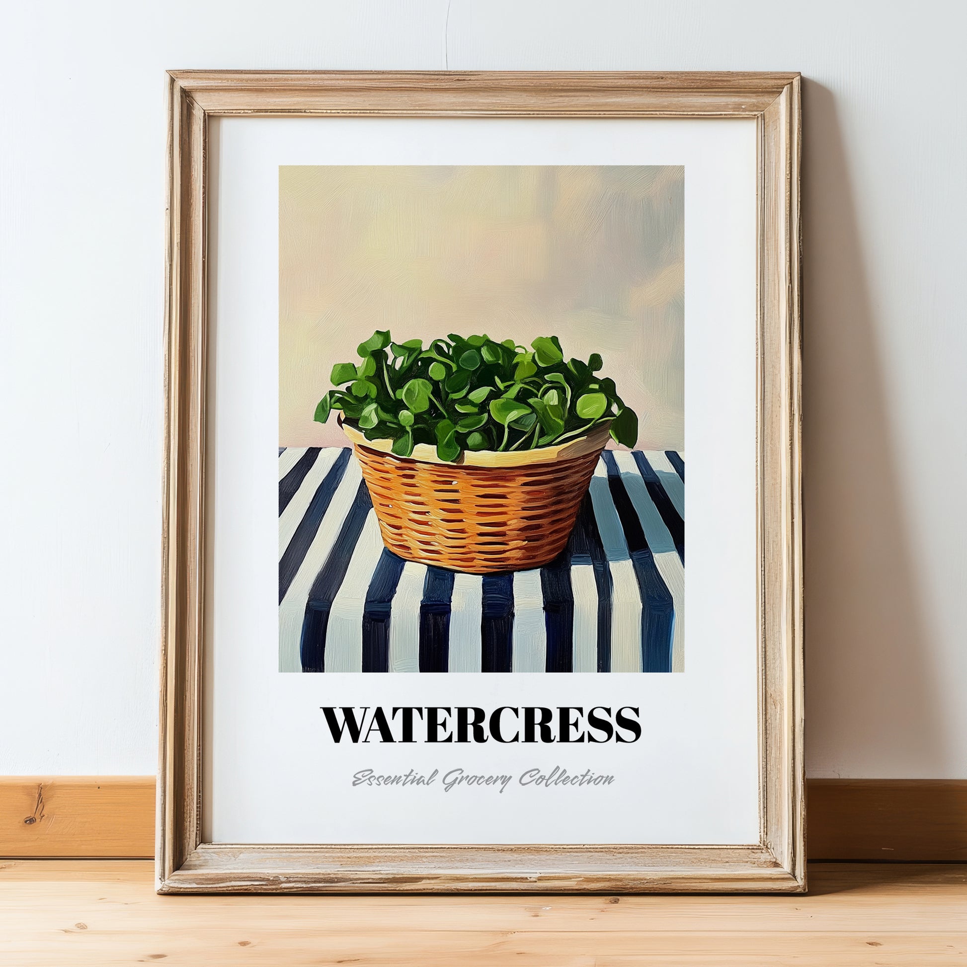 Watercress – on Striped Tablecloth, Vegetable Wall Art, in wooden frame leaning on the floor