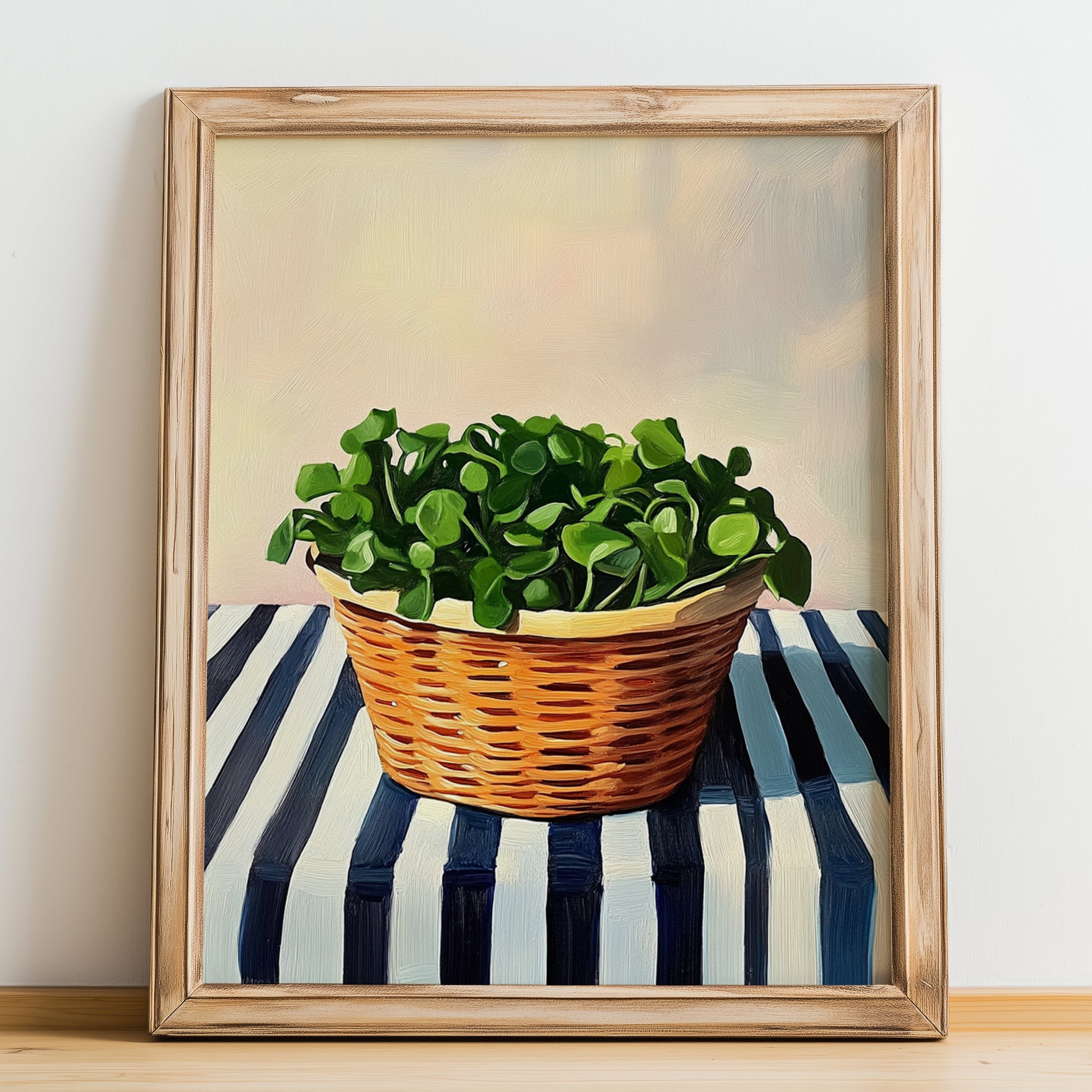 Watercress – on Striped Tablecloth, Vegetable Wall Art, no-text version framed in wood