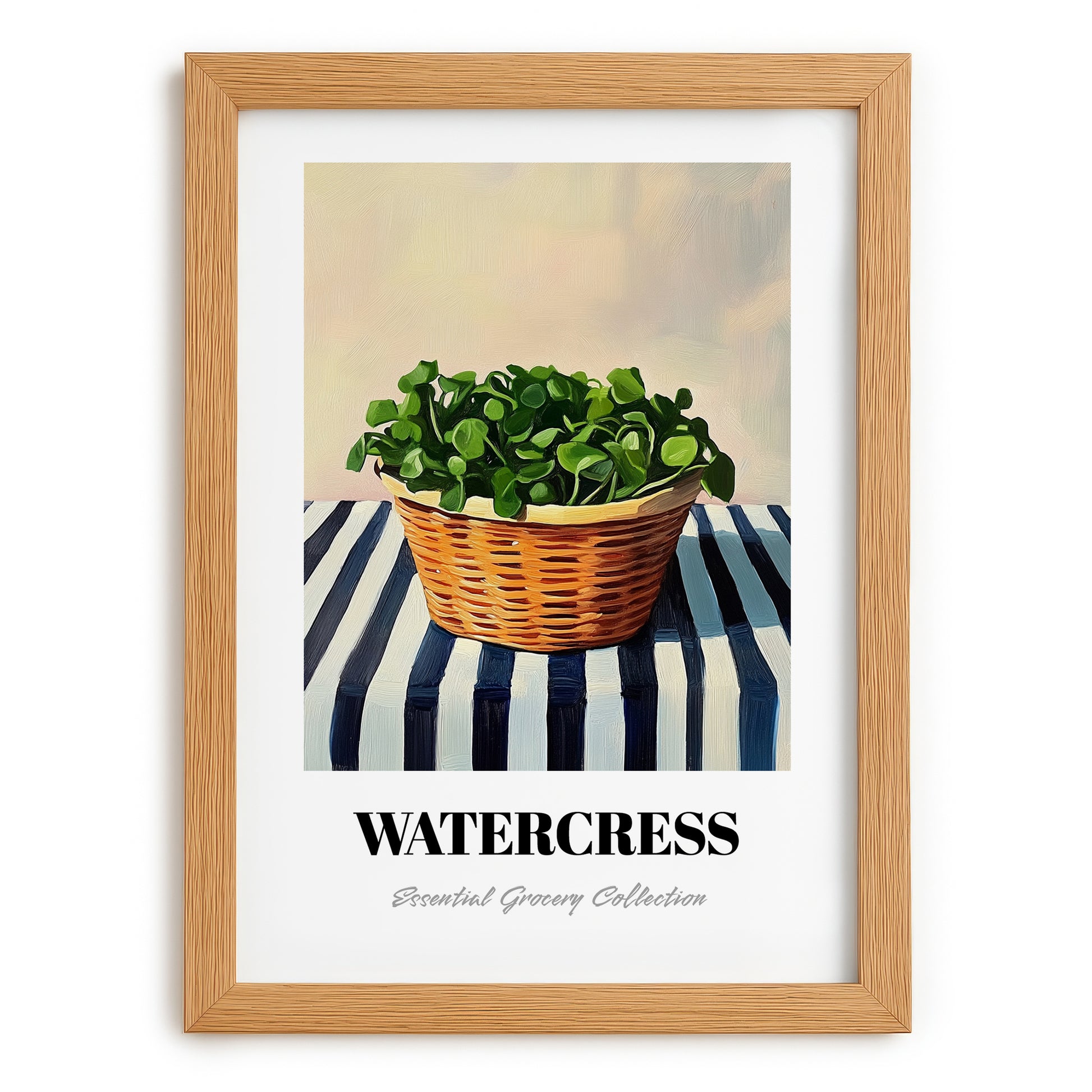 Watercress – on Striped Tablecloth, Vegetable Wall Art, set in oak frame