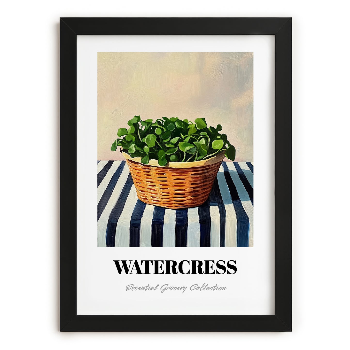 Watercress – on Striped Tablecloth, Vegetable Wall Art, in sleek black frame