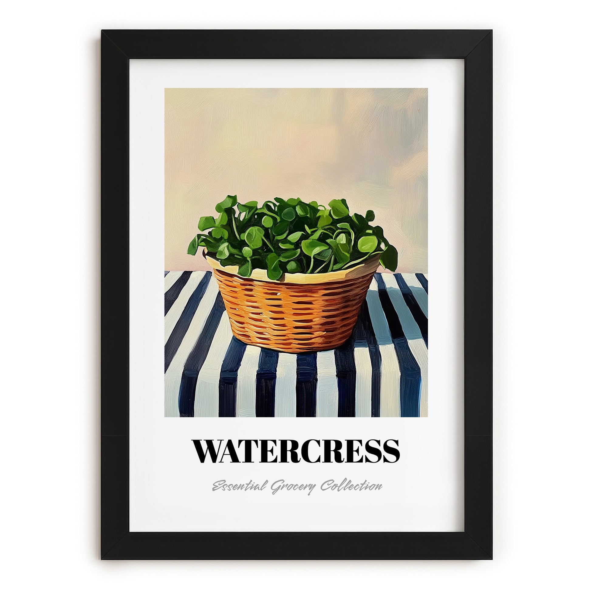 Watercress – on Striped Tablecloth, Vegetable Wall Art, in sleek black frame