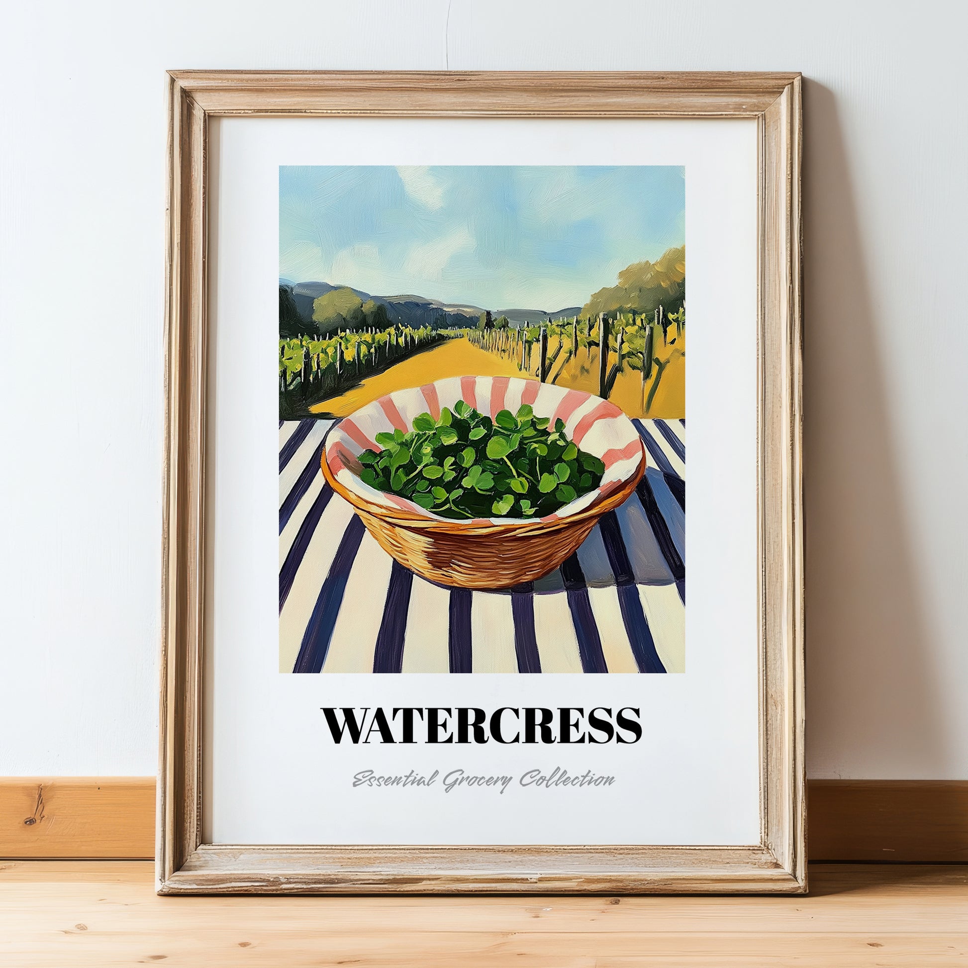 Watercress – Green Valley Landscape, Vegetable Wall Decor, in wooden frame leaning on the floor