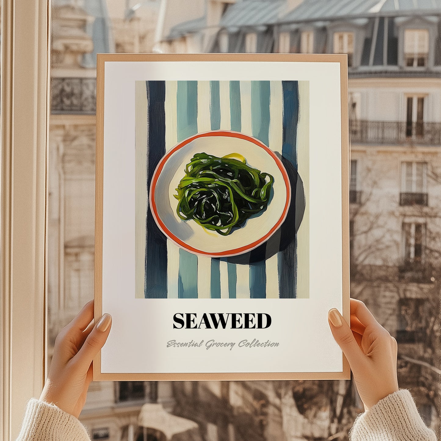Seaweed – on Striped Tablecloth, Fresh Herbs Still Life, styled in a charming Paris street view