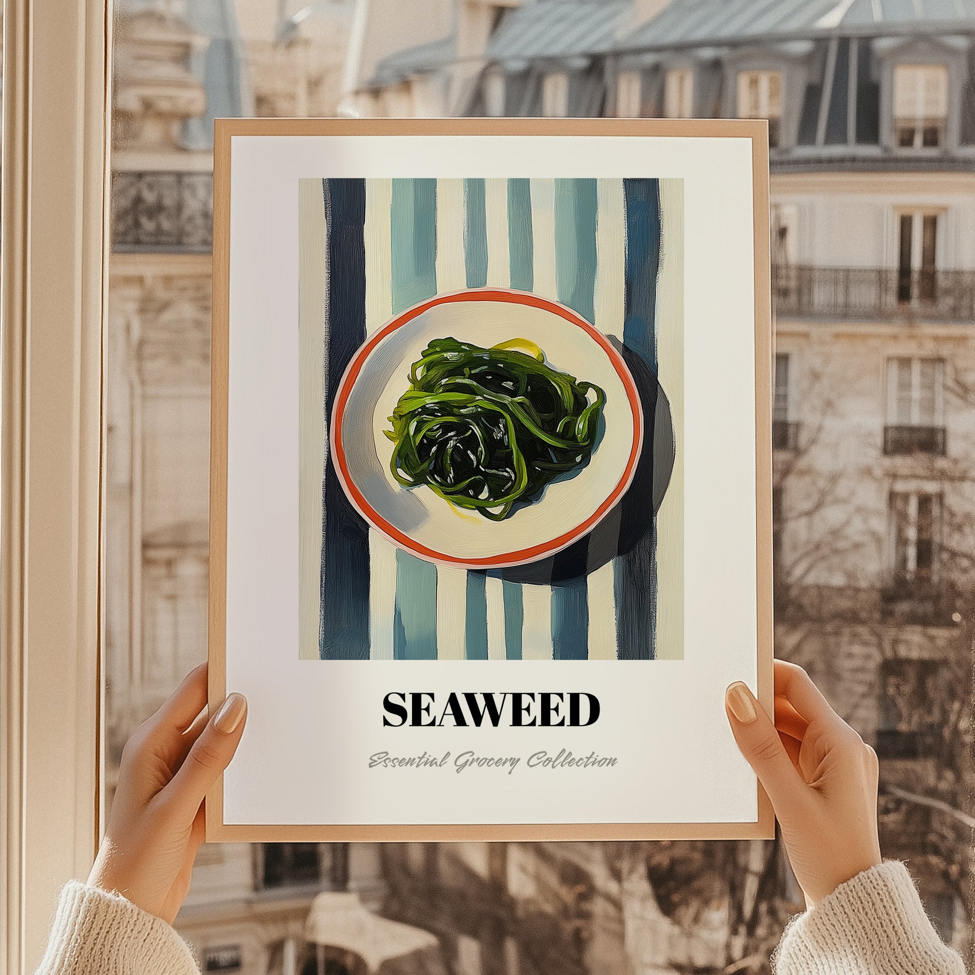 Seaweed – on Striped Tablecloth, Fresh Herbs Still Life, styled in a charming Paris street view